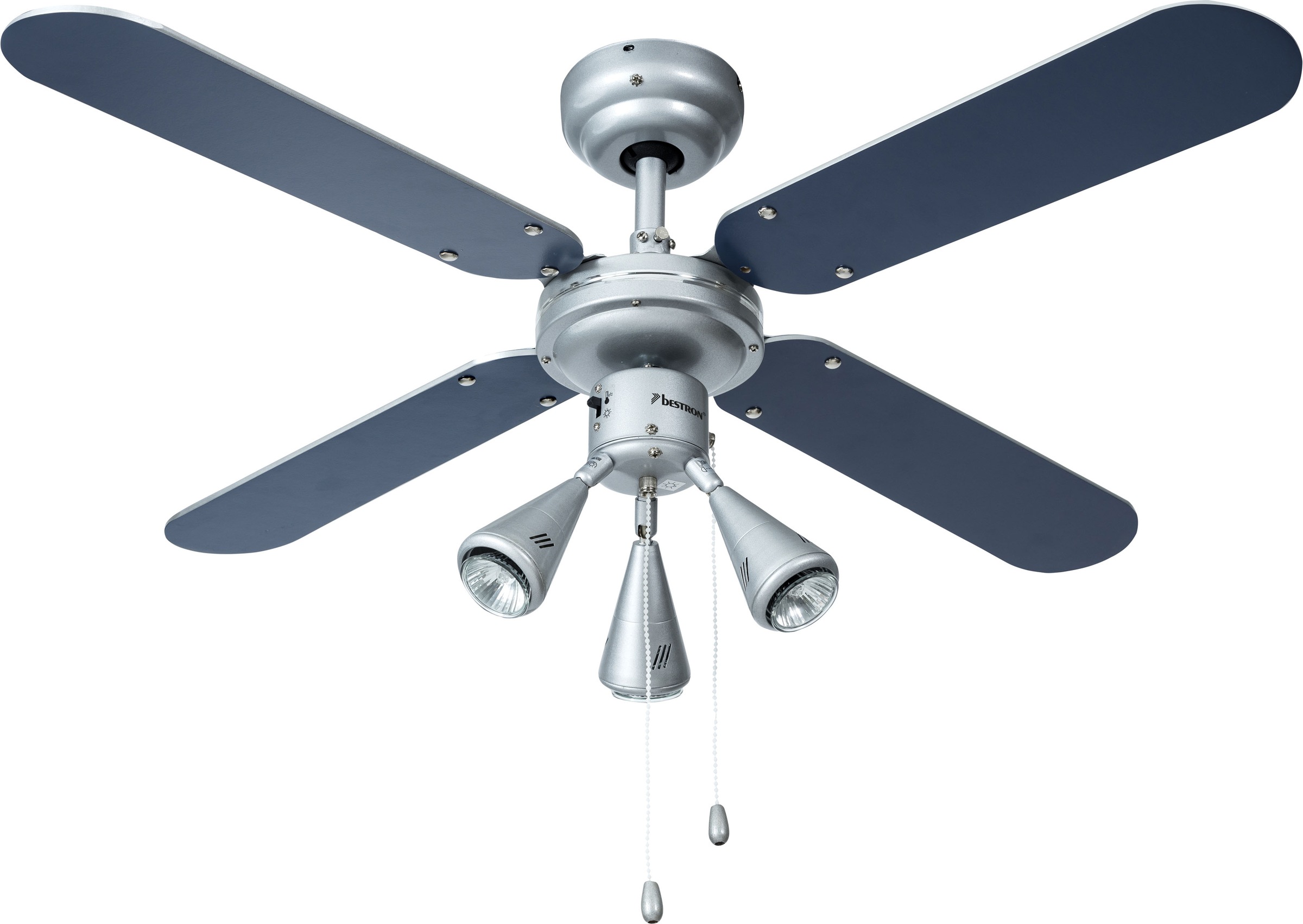 bestron Deckenventilator »DLHB42S«, mit 3 Lampen, große Flügelspannweite von Ø 102 cm, mit Sommer-/ Winterfunktion, 50 W, Farbe: Silber/Blau