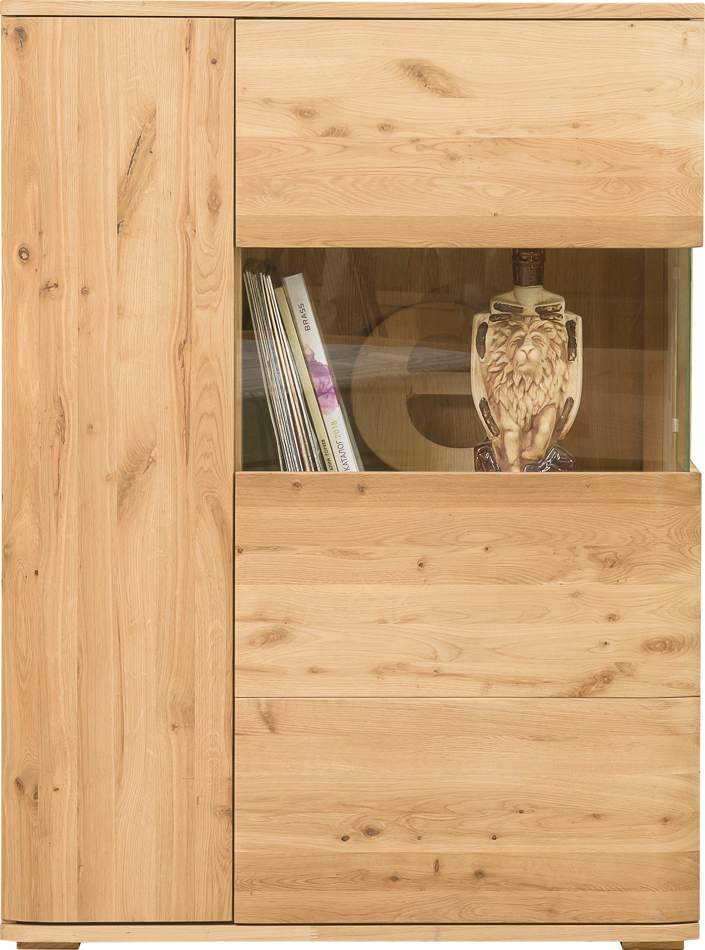 andas Highboard »Milton«, Türen und Seitenwände mit Glaseinsatz, aus massivem Eichenholz, Soft-Close-, und Push-To-Open Funktion, Breite 90 cm