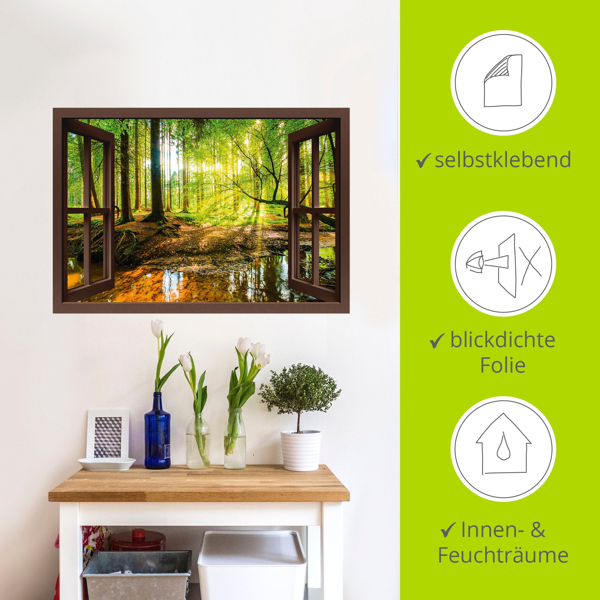 Artland Wandbild »Fensterblick - Wald mit Bach«, Wald, (1 St.), als Leinwandbild, Poster, Wandaufkleber in verschied. Größen