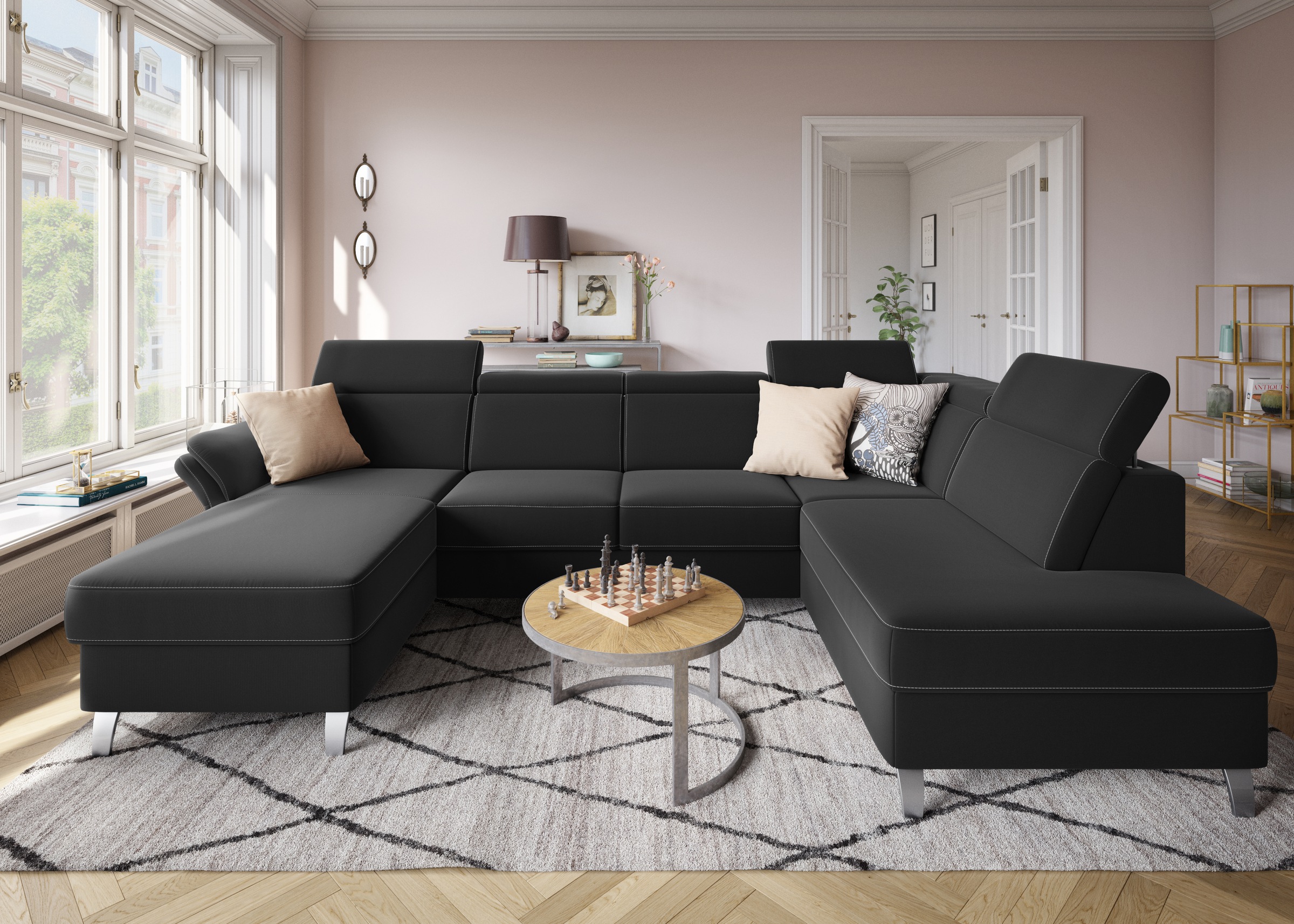 sit&more Wohnlandschaft »Vincenzo U-Form«, inklusive Kopfteilverstellung, wahlweise mit Bettfunktion, Bettkasten