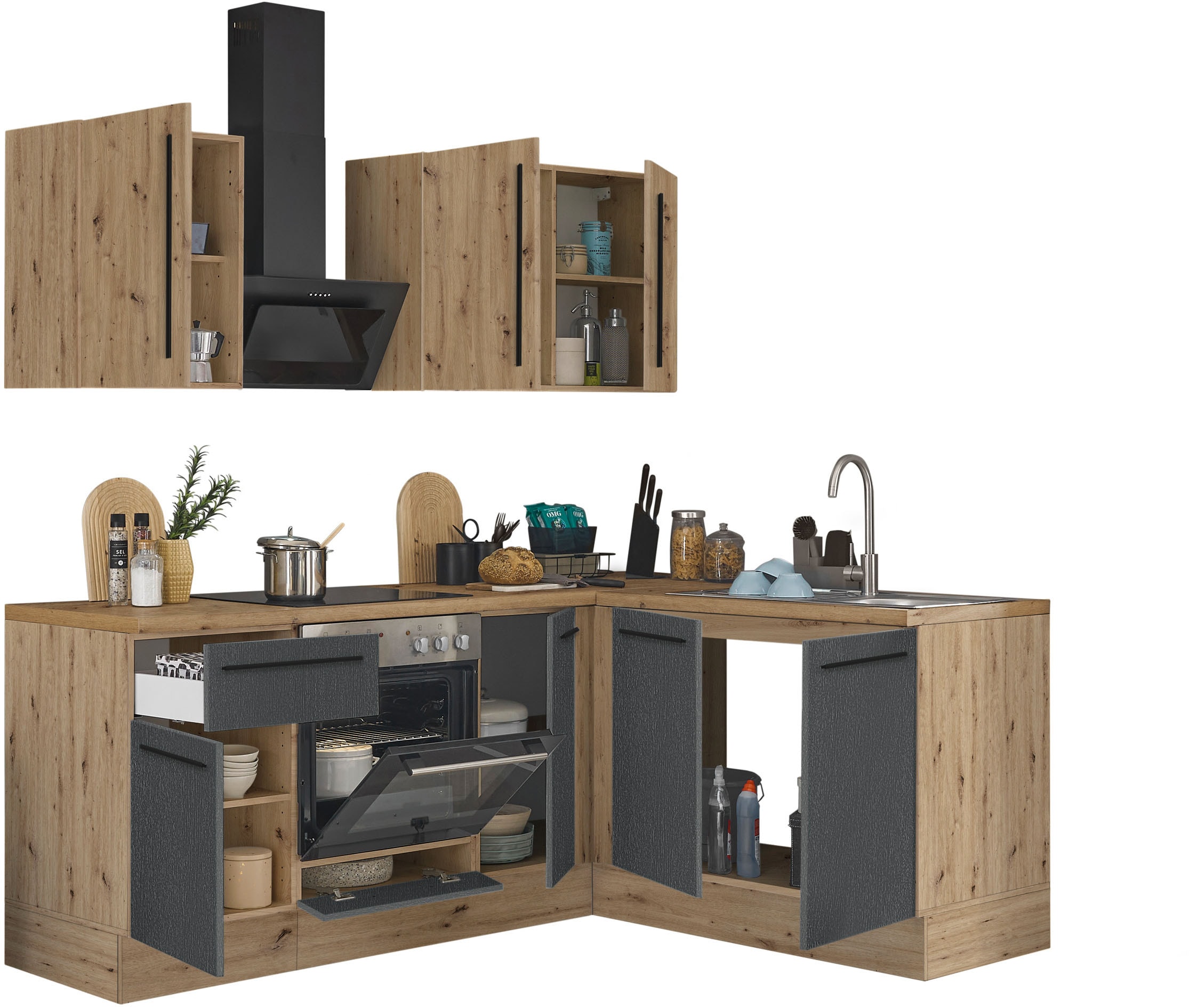 KOCHSTATION Winkelküche »Florida, Stellbreite 210x165 cm«, wahlweise mit E-Geräten, mit Softclose für Türen und Schubkästen