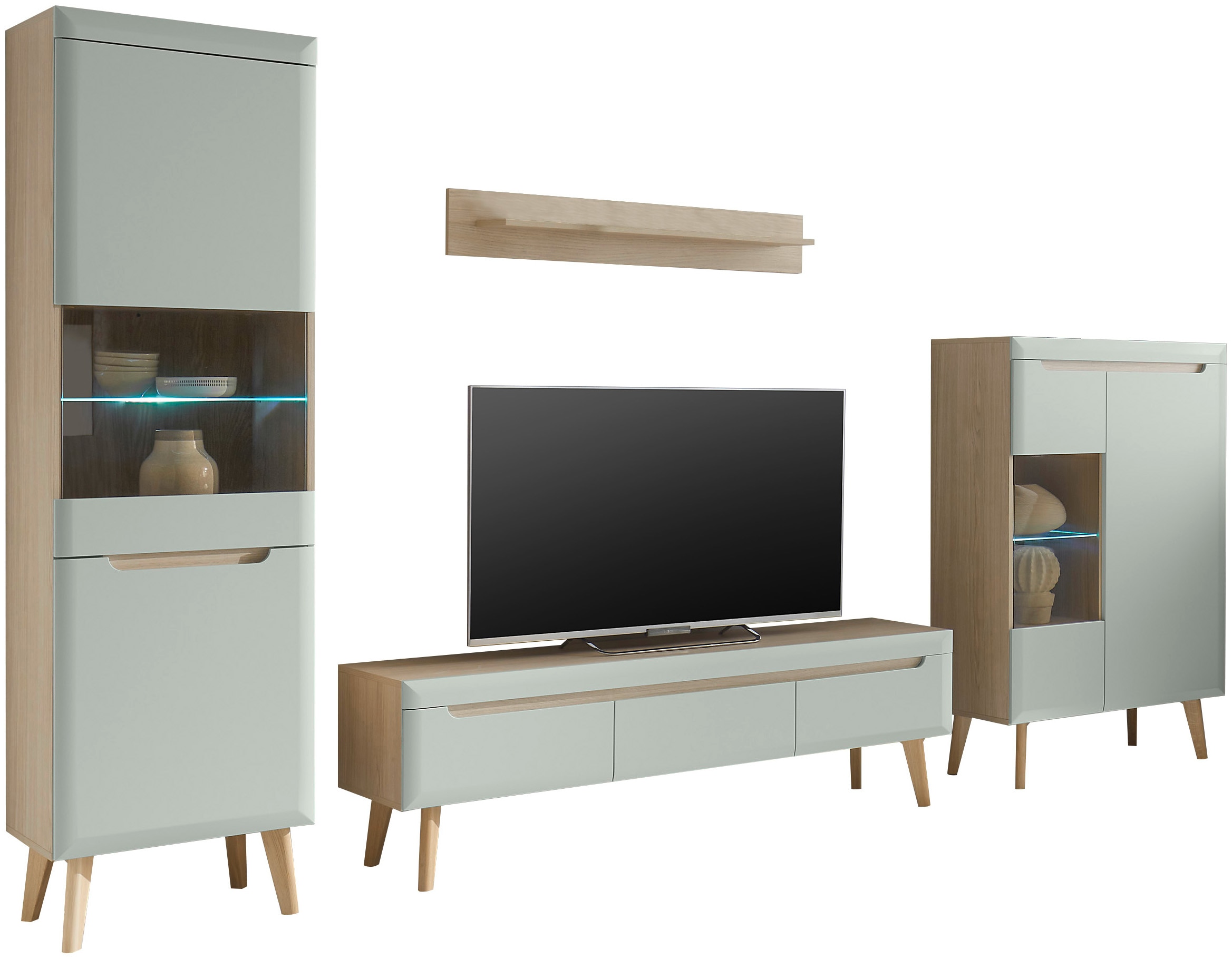 INOSIGN Wohnwand »Torge, Anbauwand, Schrankwand, Mediawand, Wohnzimmer-Set«, (Set, 4 St.), enthält 2 Vitrinen, 1 Lowboard, 1 Wandboard, 343 cm breit