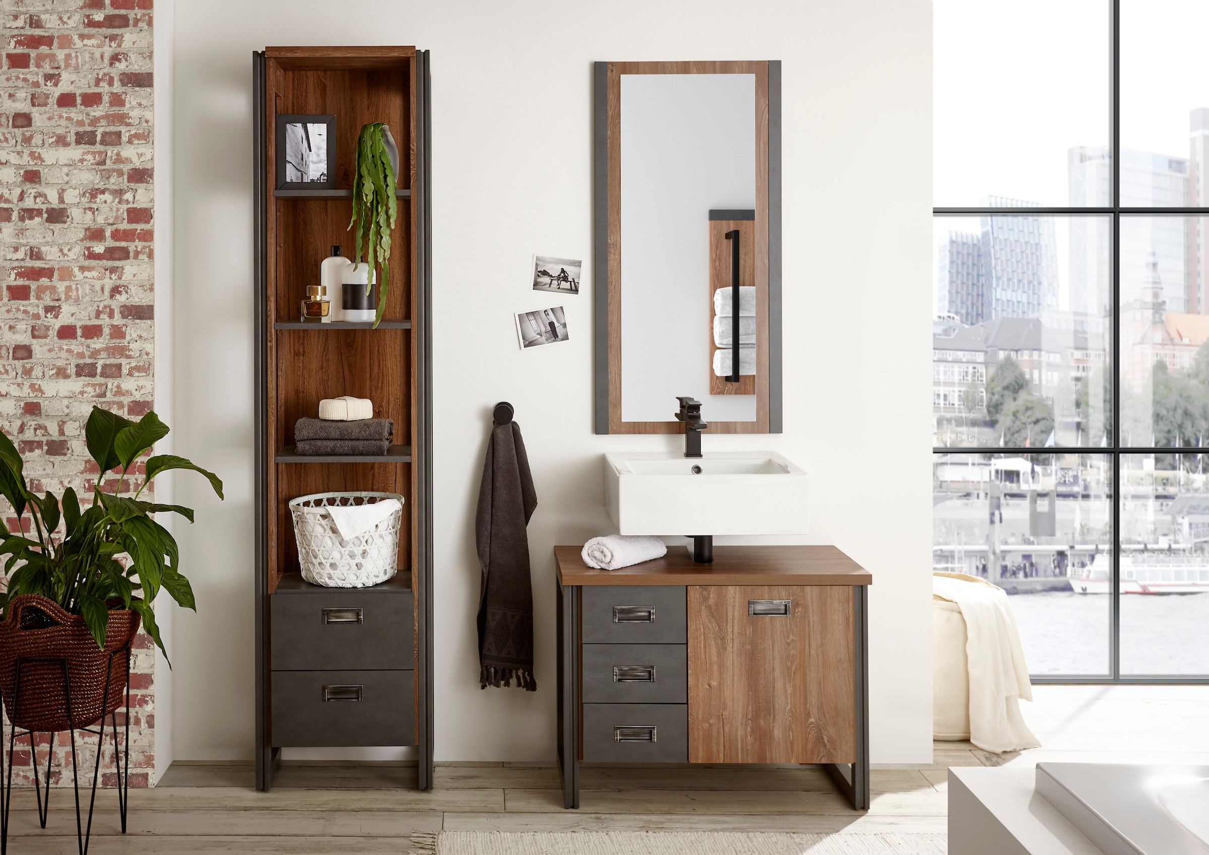 Home affaire Badmöbel-Set »Detroit, Bad im Industrialdesign, 3-teiliges Badezimmer«, (Set, 3 St.), Unterschrank, Regal & Spiegel, holzfarben, offene Fächer & Stauraum