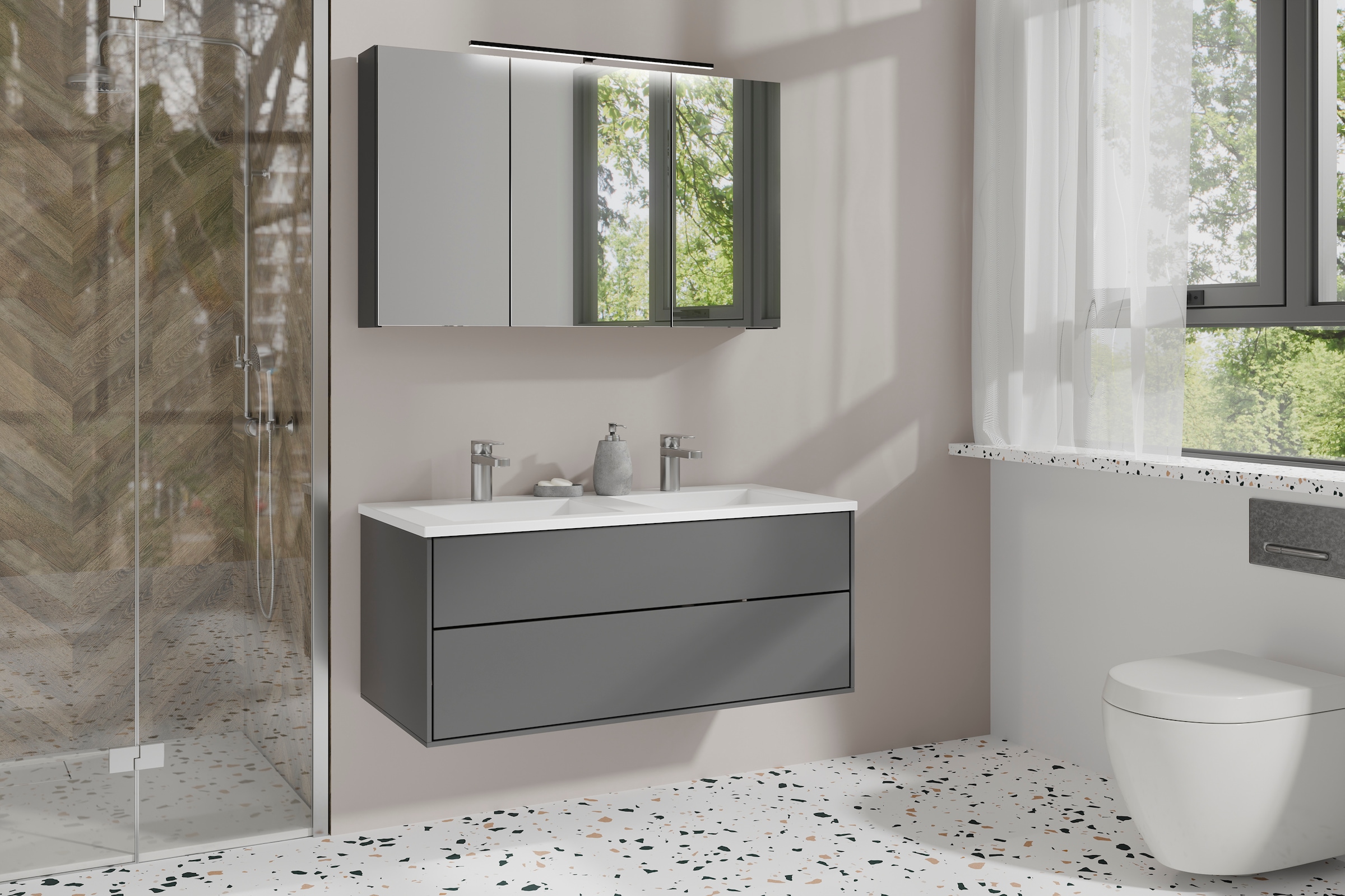 byLIVING Spiegelschrank »Serie Spree, in vielen Breiten erhältlich« Soft-Close, LED Beleuchtung mit Schalter- und Steckdosenbox