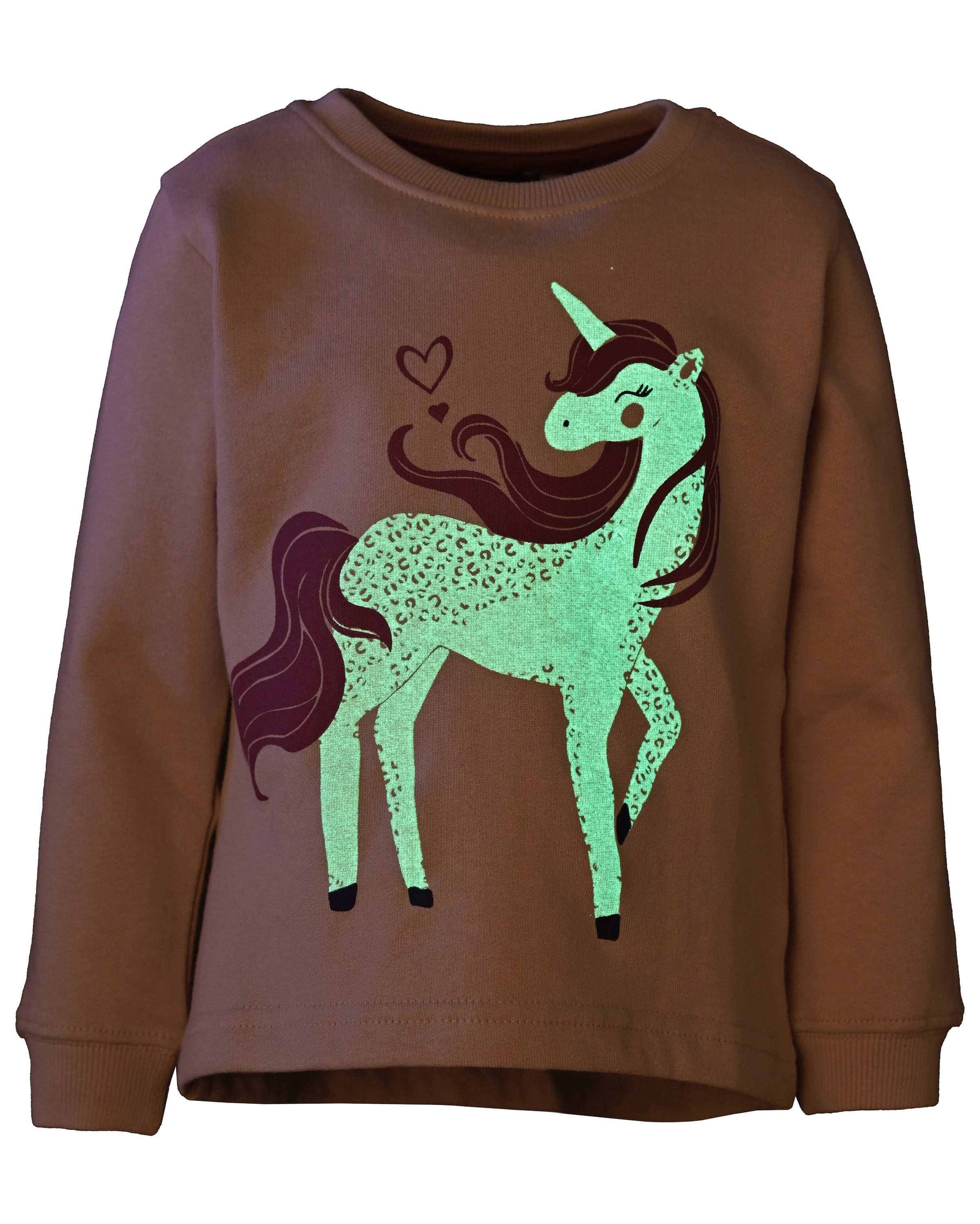 Blue Seven Sweatshirt, mit GLOW-Effekt: Das Einhorn-Motiv leuchtet im Dunkeln