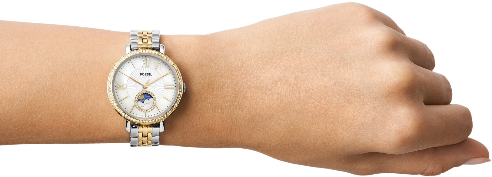 Fossil Quarzuhr »JACQUELINE MOONPHASE«, Armbanduhr, Damenuhr, Mondphase, Perlmutt-Zifferblatt,Edelstahlarmband