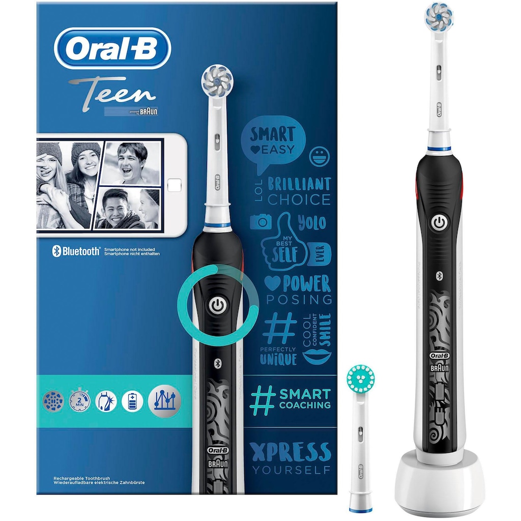 Oral-B Elektrische Zahnbürste »Teen Black«, 2 St. Aufsteckbürsten, mit visueller Andruckkontrolle