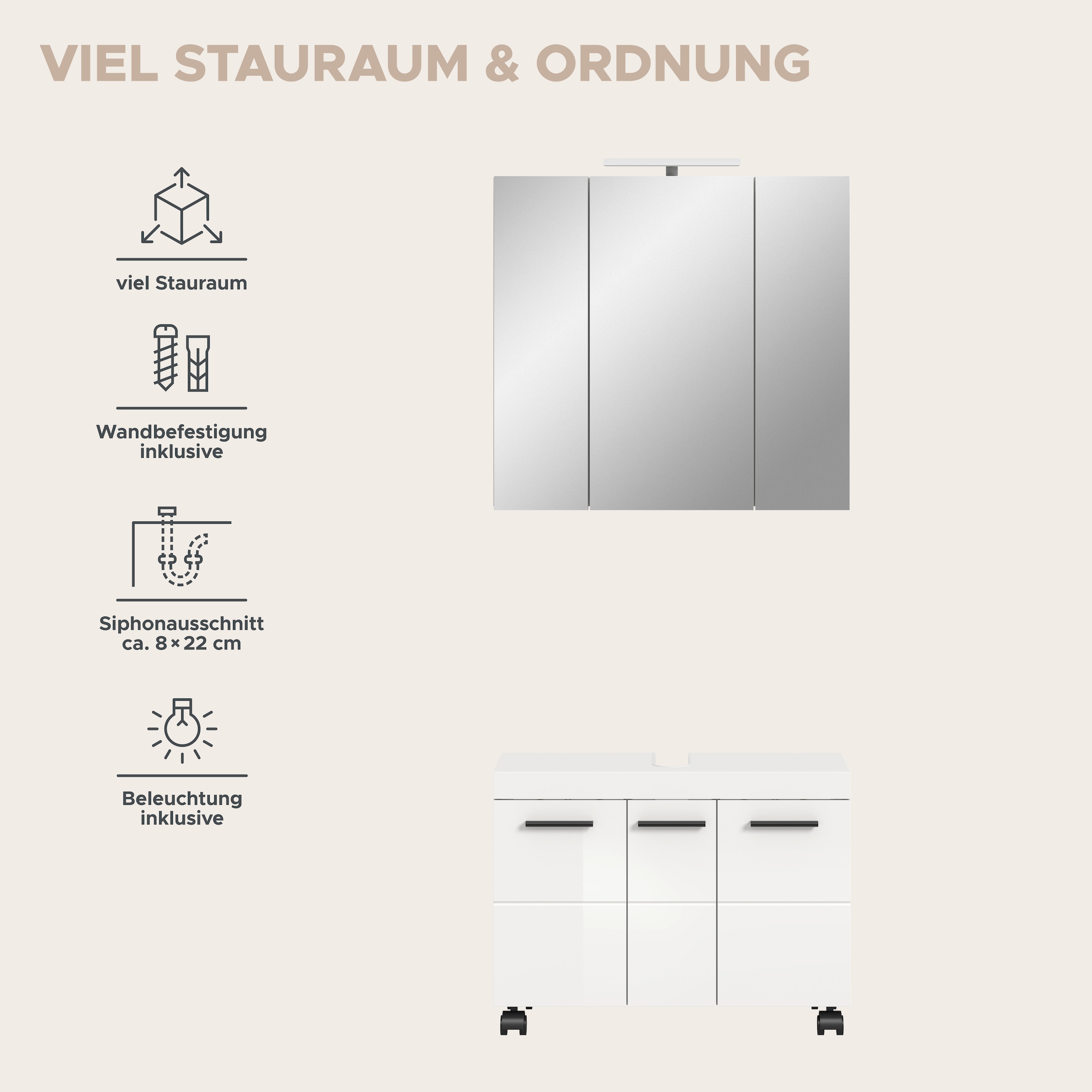 welltime Badmöbel-Set »AVON, Breite 82 cm, 2-tlg. Bad-Kombi auf Rollen, inkl. Beleuchtung« best. aus: Waschbeckenunterschrank & Spiegelschrank inkl. Beleuchtung, 2 Stk. tlg.