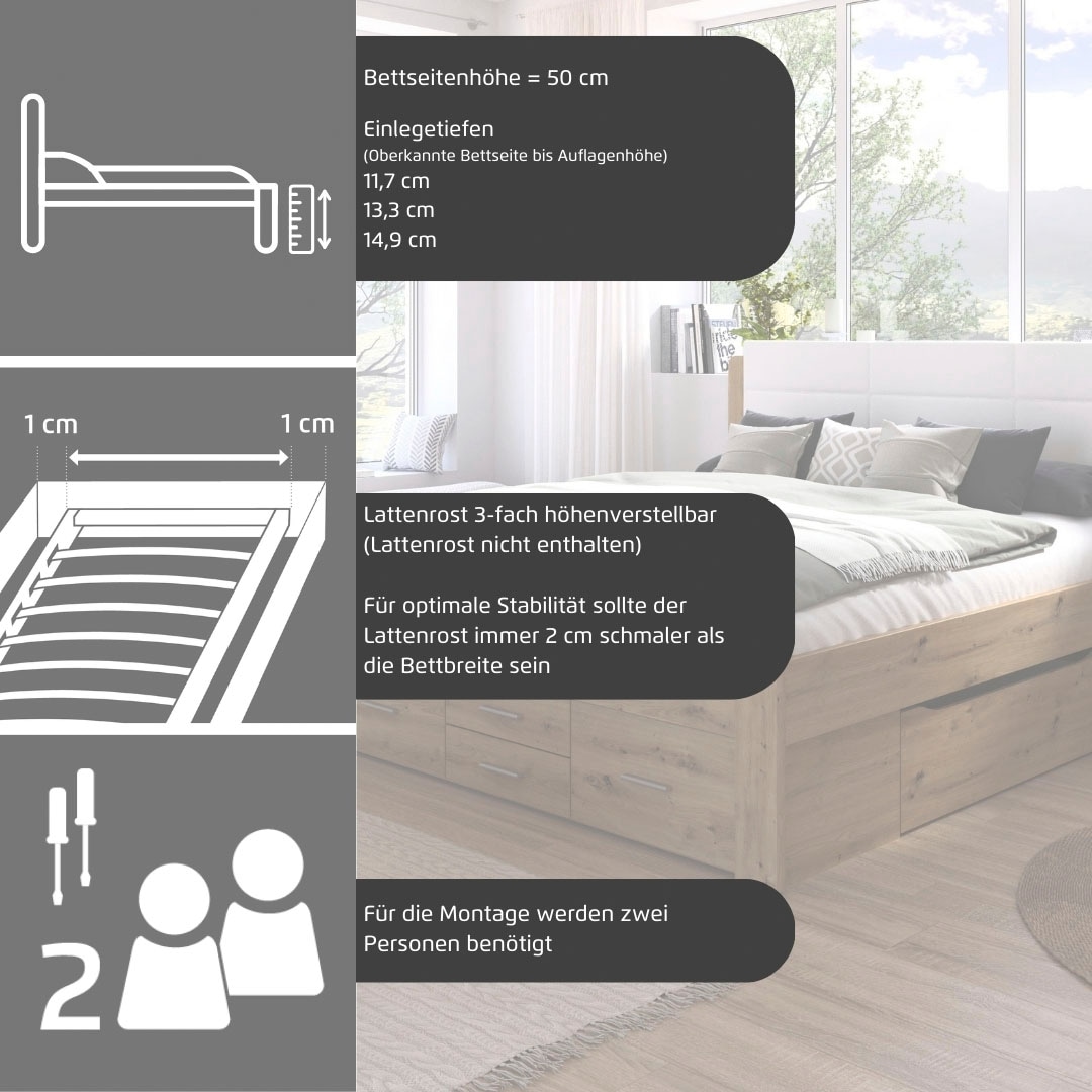 rauch Bettanlage »Doppelbett Komfortbett Funktionsbett WEINGARTEN« Set, Liegefläche 180x200, B/H/T/: 265/118/210 cm, 3 tlg. tlg. 6 Bettschubladen mit viel Stauraum, 2 Hängenachttische MADE IN GERMANY