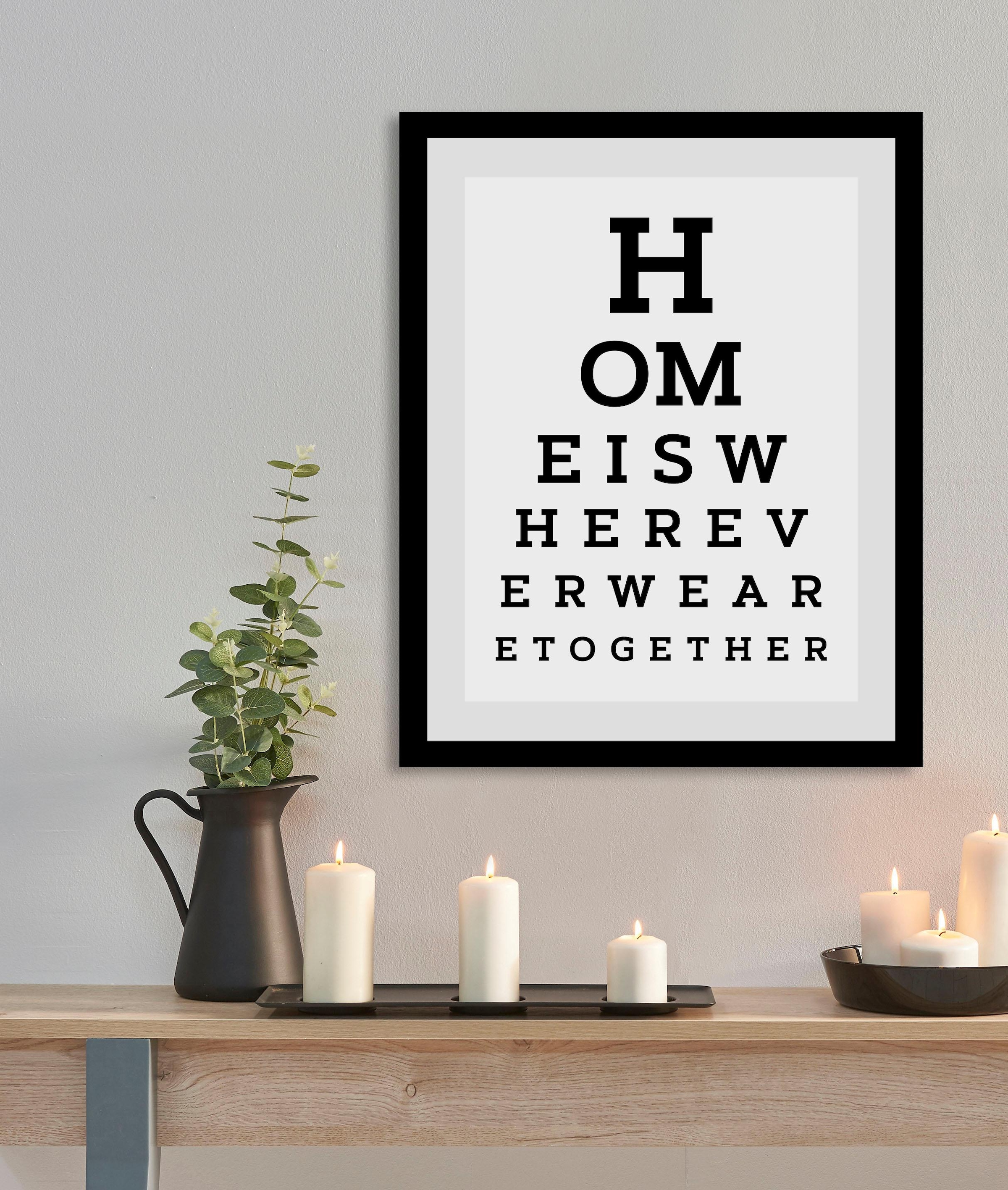 queence Bild »Zuhause«, Sprüche & Texte-Schriftzug-Schwarz-Weiß-Motivationsbilder, HD Premium Poster-Druck inkl. Holzrahmen