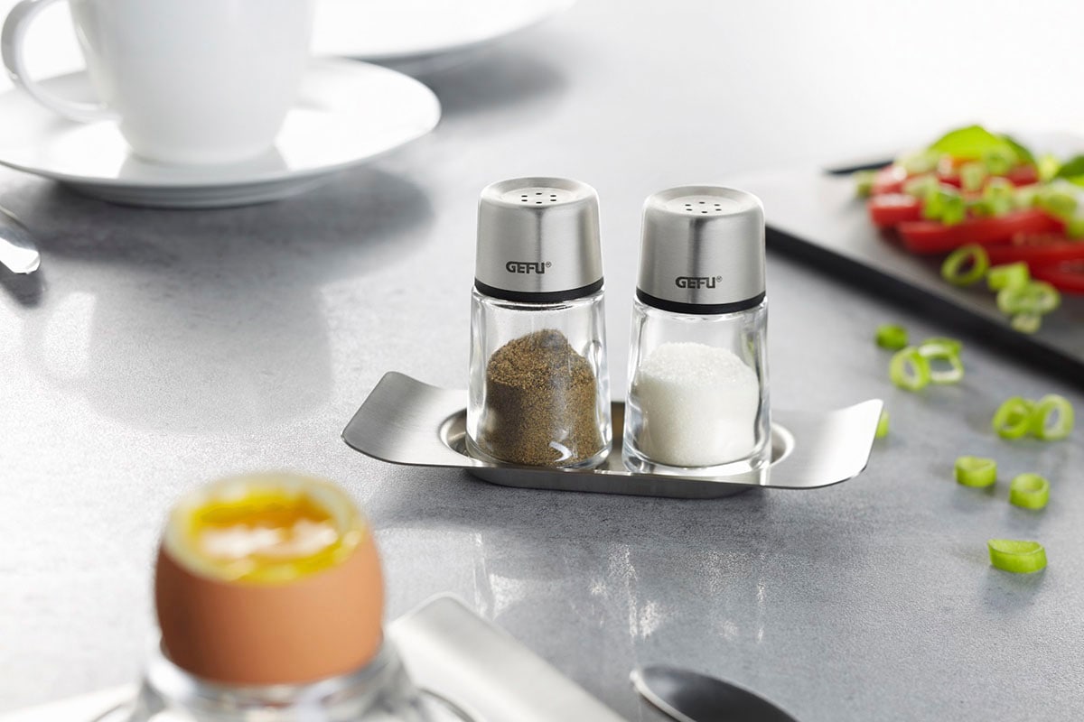 GEFU Salz- / Pfefferstreuer »BRUNCH Set«, (Set, 3 tlg.), stilvolles, modernes Design aus hochwertigem Edelstahl und Glas