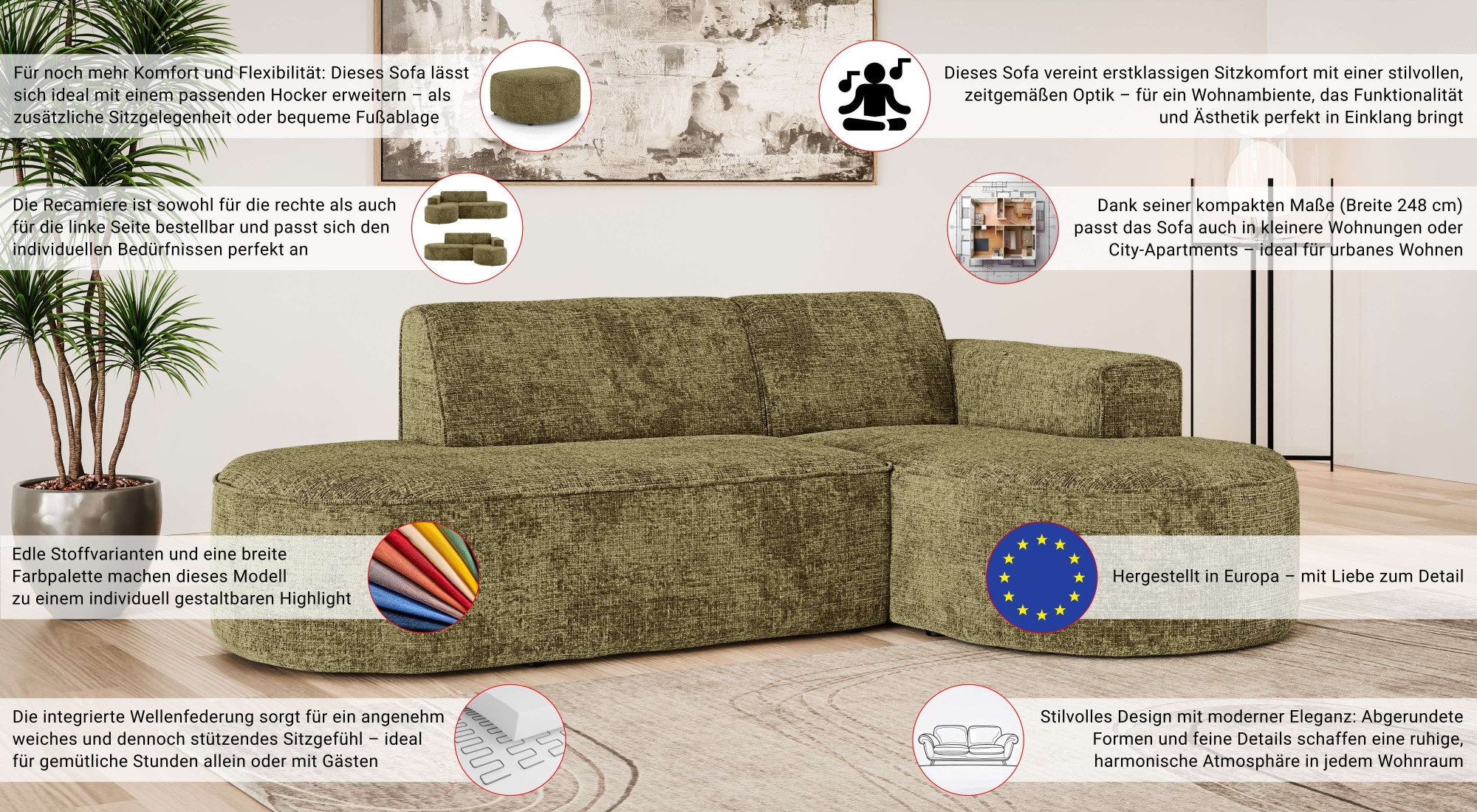 OTTO home Ecksofa »ADELLA Design-Sofa mit Recamiere rechts/links, 248/159/76 cm«, L-Form mit Wellenunterfederung, runde Form, auch in Cord