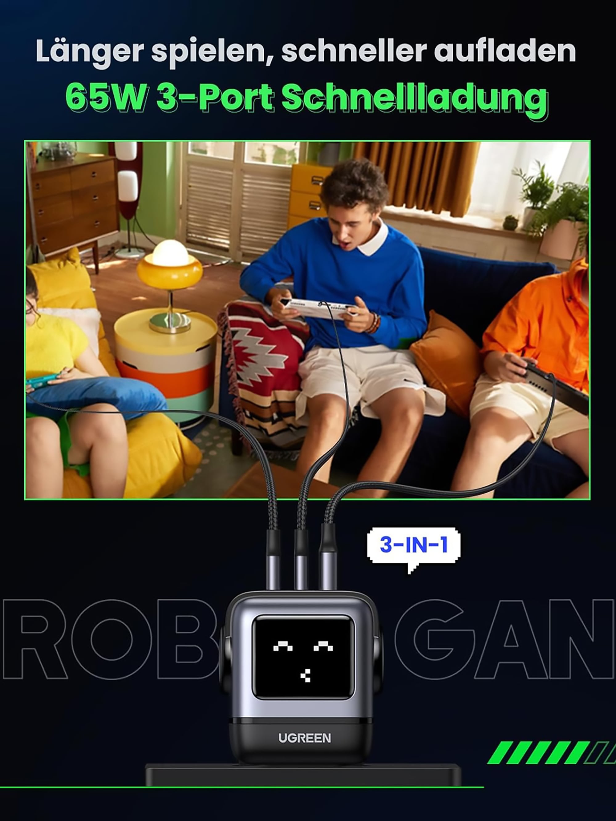 UGREEN USB-Ladegerät »UGREEN Uno Robot GaN Tech 65W USB-A+2*USB-C Fast Charger«, Roboter-Form mit LED-Anzeige und magnetischem Fuß