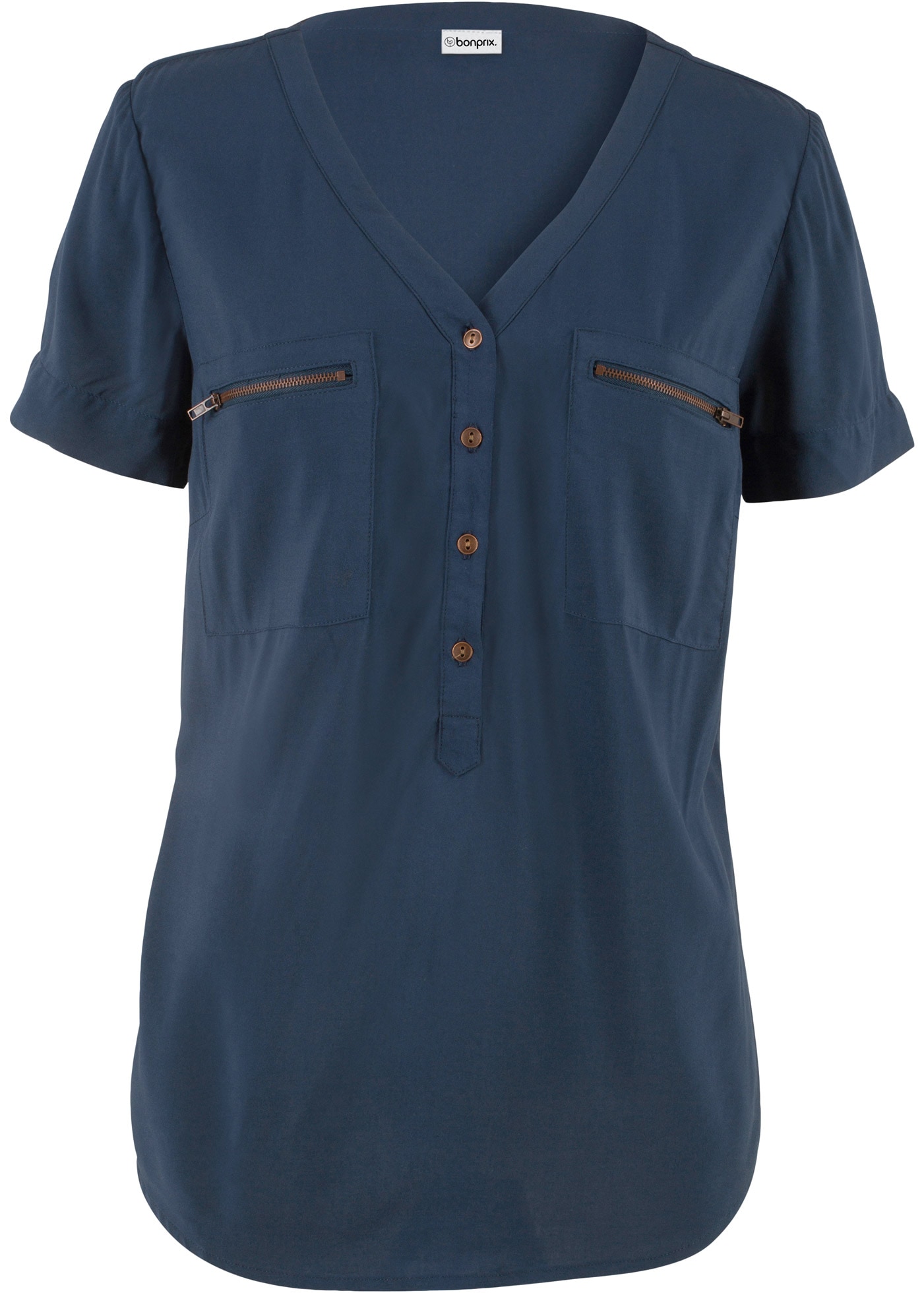 bonprix Kurzarmbluse bequeme Passform, aus Viskose, mit V-Ausschnitt mit kurzer Knopfleiste