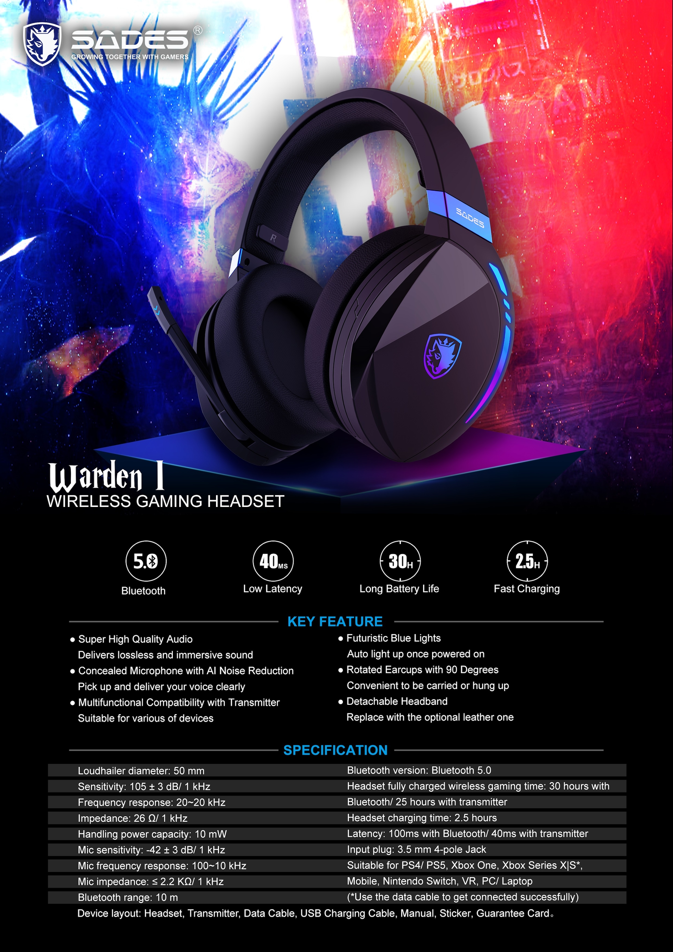 mm schwarz/blau, Shop Gaming-Headset Over OTTO »SADES 5.0, USB«, 2,4 Warden kabellos, Stereo, Online I Rauschunterdrückung, Headset, Wireless, Ear, im jetzt Gaming Sades 3,5 Bluetooth G SA-201