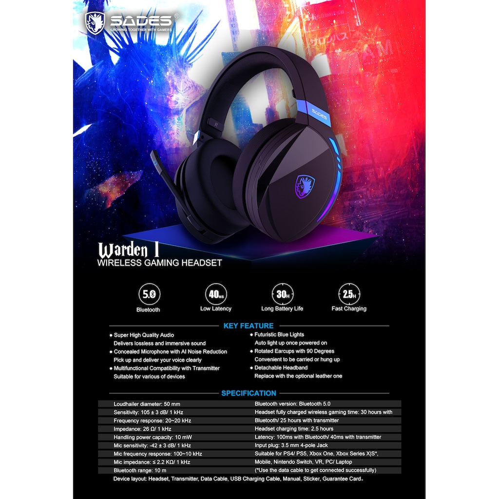 Sades Gaming-Headset »SADES Warden I SA-201 Gaming Headset, Wireless, schwarz/blau, USB«, Rauschunterdrückung