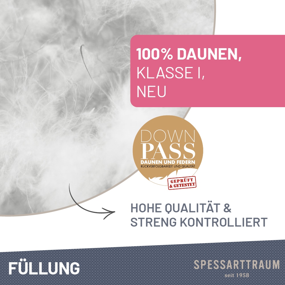 SPESSARTTRAUM Daunenbettdecke »Exklusiv, Bettdecken für Sommer und Winter«, Füllung 100% Daunen, Klasse 1, Downpass zertifiziert, Bezug 100% Baumwolle, nachhaltig (Made in Green), Hausstauballergiker geeignet, (1 St.), 5 Wärmeklassen & 8 Größen