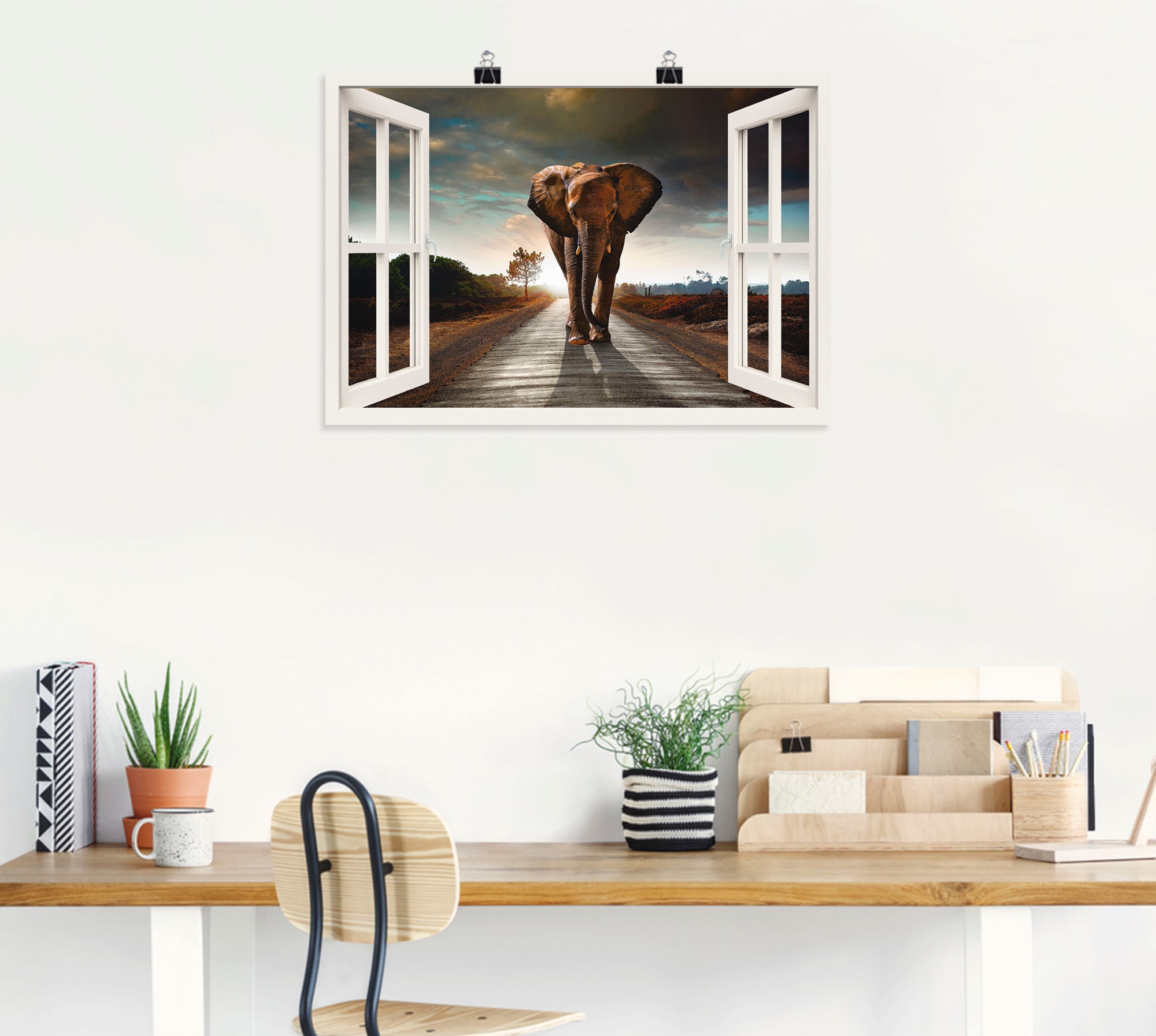 Artland Wandbild »Elefant auf Straße«, Fensterblick, (1 St.), als  Leinwandbild, Poster in verschied. Größen online bei OTTO
