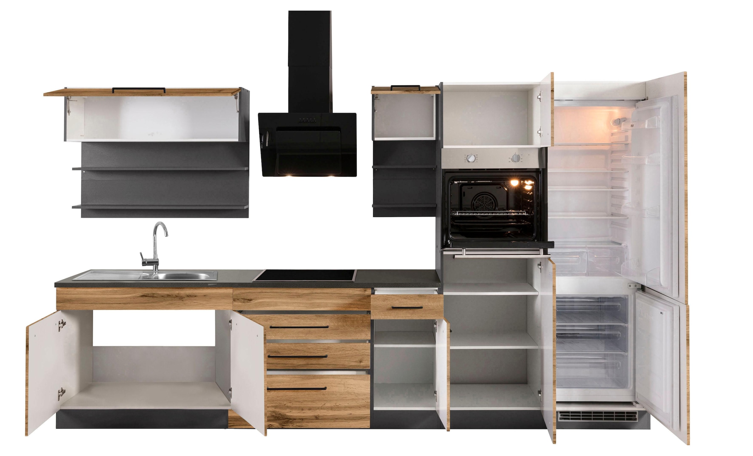 KOCHSTATION Küchenzeile »KS-Tulsa« ohne E-Geräte, Breite 350 cm, schwarze Metallgriffe, MDF Fronten