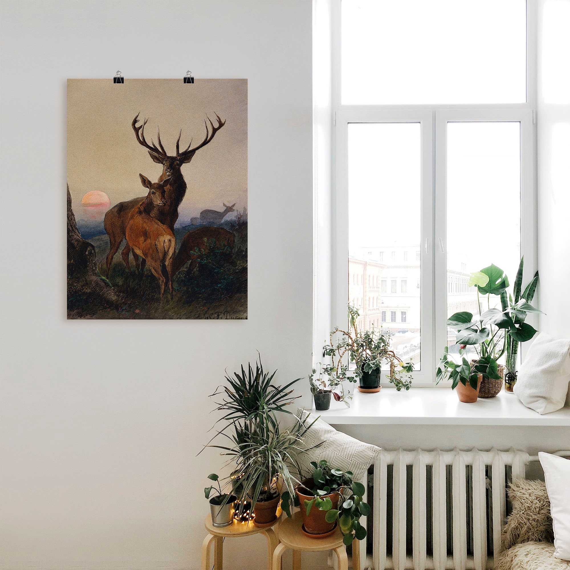 Artland Wandbild »Hirsch und ein Reh bei Sonnenuntergang«, Wildtiere, (1 St.), als Leinwandbild, Poster, Wandaufkleber in verschied. Größen