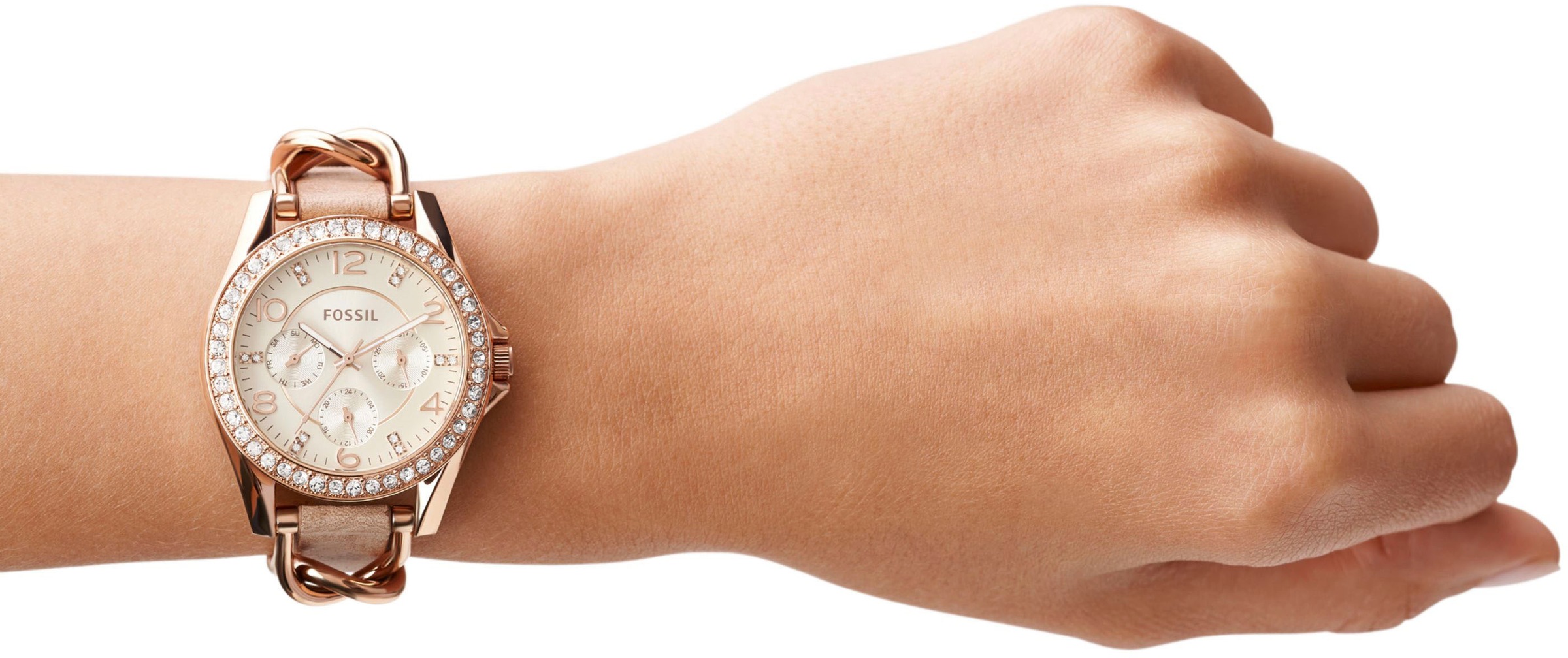 Fossil Multifunktionsuhr »RILEY«, Quarzuhr, Armbanduhr, Damenuhr, Datum, Glassteine, Lederarmband