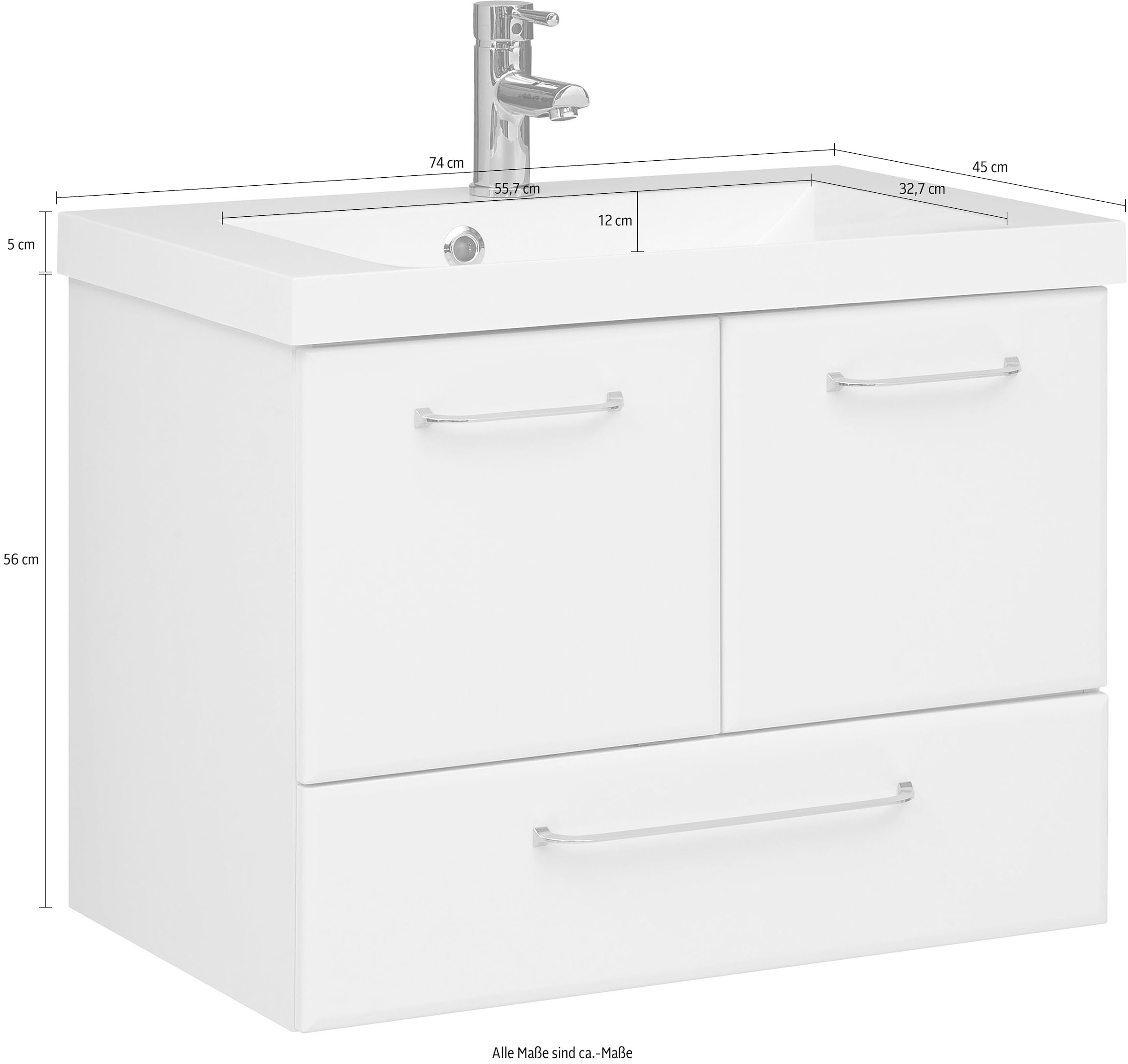 Saphir Waschtisch »Quickset Mineralmarmor-Waschtisch mit Unterschrank, 74 cm breit«, Wachplatz, Griffe Chrom Glanz, inkl. Türdämpfer, 2 Türen, 1 Schublade