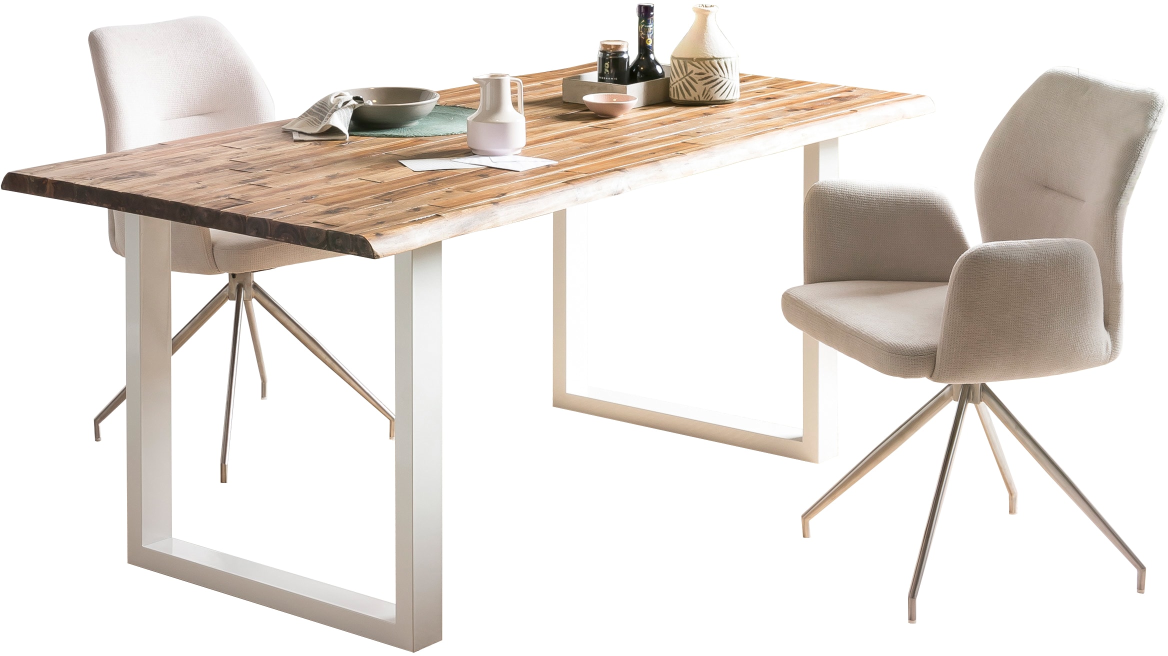 SalesFever Essgruppe »Designstarke Essgruppe«, (Set, 5 tlg.), Tischplatte mit rauer Balken-Oberfläche, Rücken mit Rautensteppung