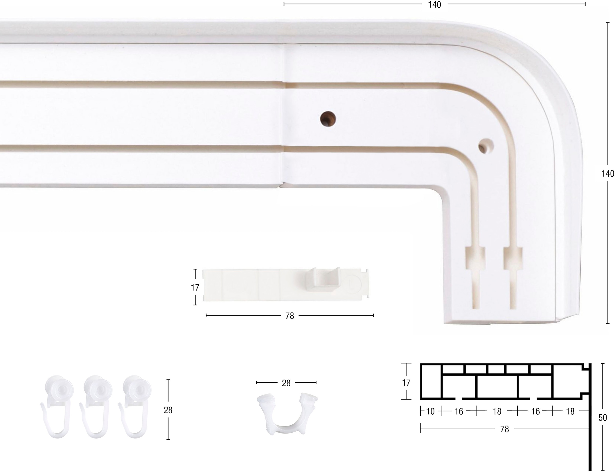 GARESA Schienensystem »Kunststoffschiene mit Blende« 2 läufig-läufig Wunschmaßlänge seitlich mit 2 Rundbögen (kein Spalt zwischen Vorhang und Wand!)