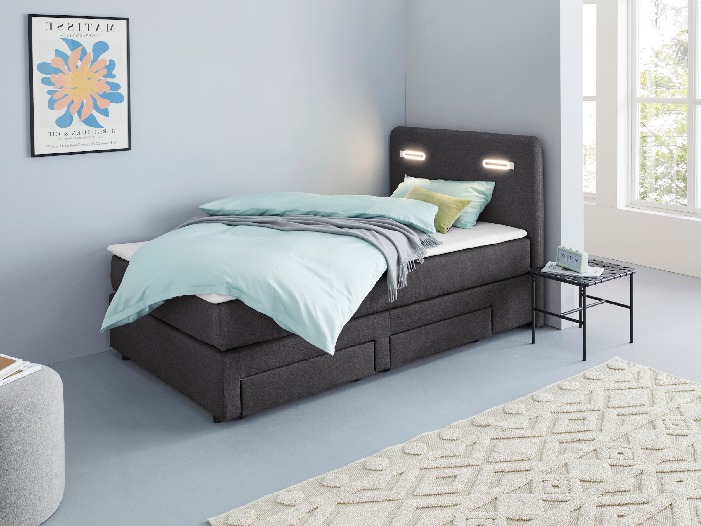 Home affaire »LUAN, Stauraumbett mit Schubkästen & Taschenfederkernmatratze H2-H4« LED-Beleuchtung, Karo- oder feiner Strukturstoff,  120/180 cm x200 cm