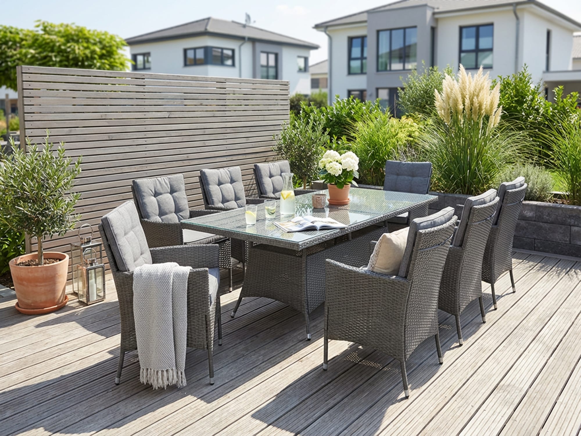 KONIFERA Garten-Essgruppe »Korfu« Set, 8x Sessel, 1x Tisch 200x100x73,,5cm, inkl. Auflagen, inkl. Schutzhülle, 17 Stk. tlg. Polyrattan, Stahl, Ablagefläche unter der Tischplatte, Dunkelgrau