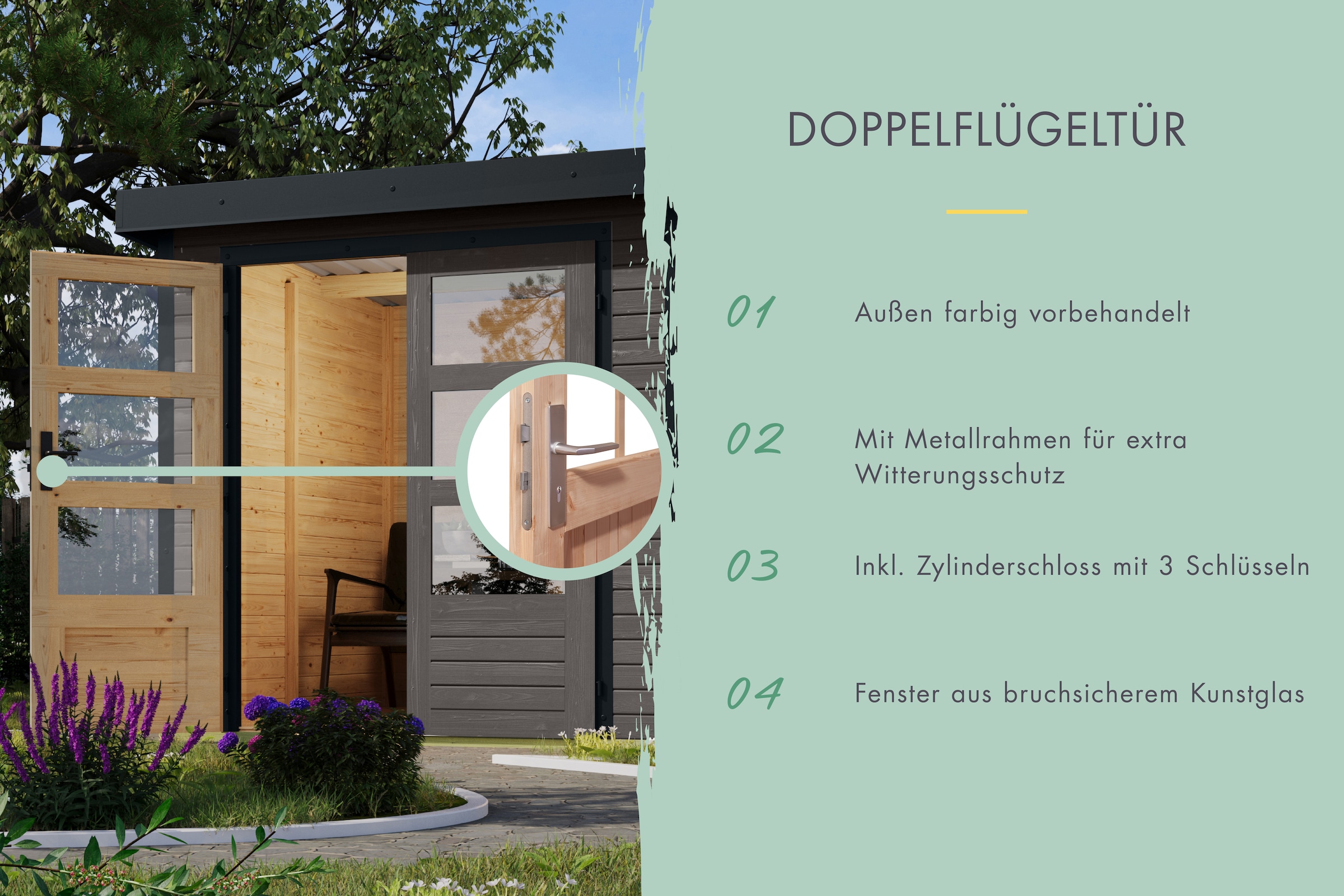 Karibu Gartenhaus »Plutino 6  SET, in verschiedenen Farben« inkl. Anbaudach
