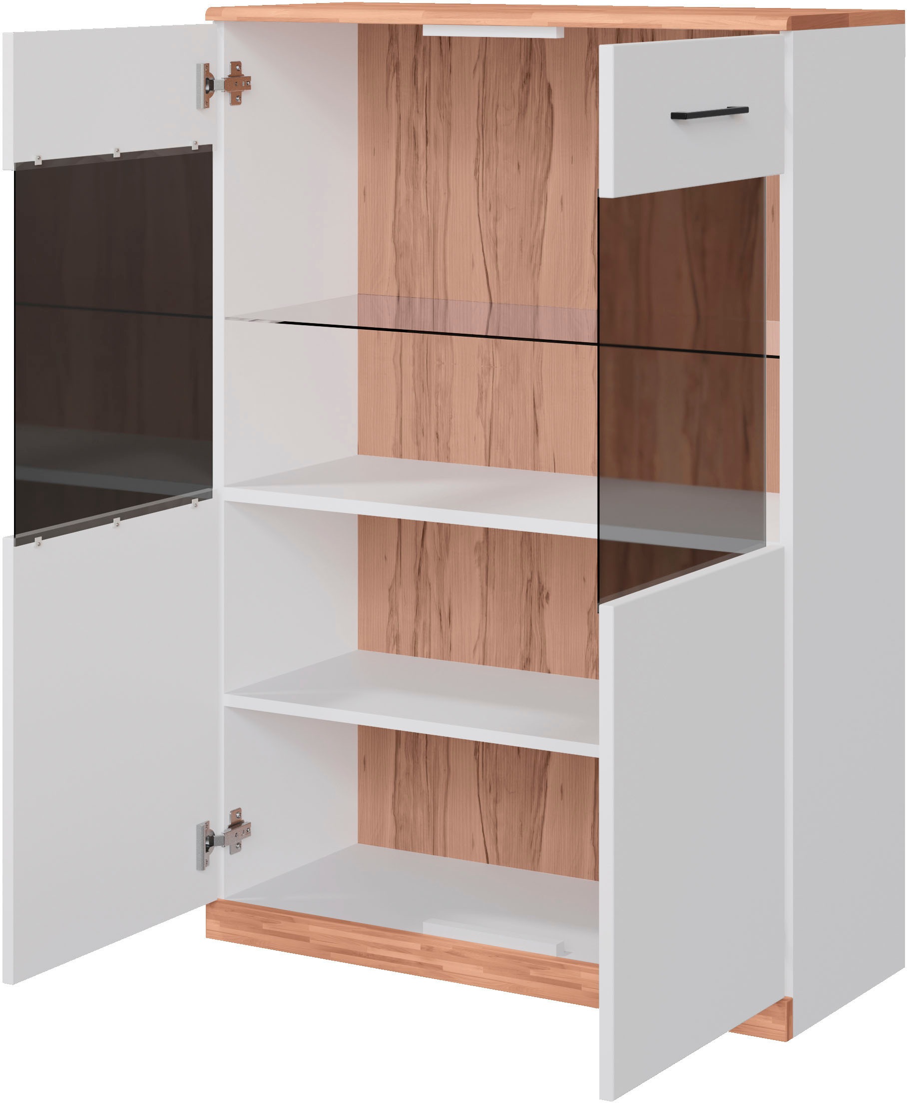 Home affaire Stauraumvitrine »Ribe,125cm hoch,112cm breit,4 breite Fächer«, Oberplatte Kernbuche massiv,dunkles Glas, schwarze Metall Griffe