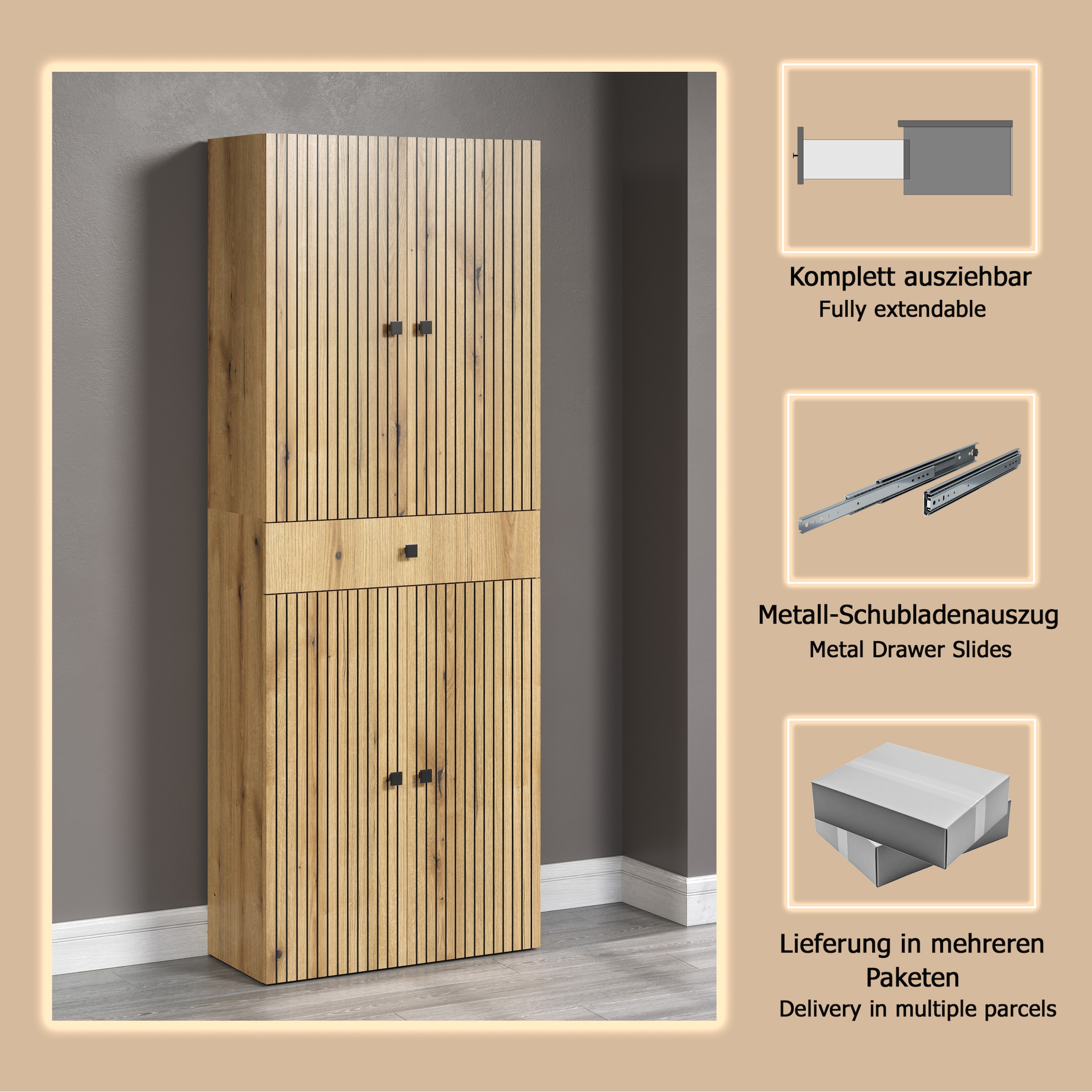 welltime Hochschrank »Amrum«, (1 St.), Badezimmerschrank mit und ohne Schublade - (B/T/H) 40-70/31/186 cm