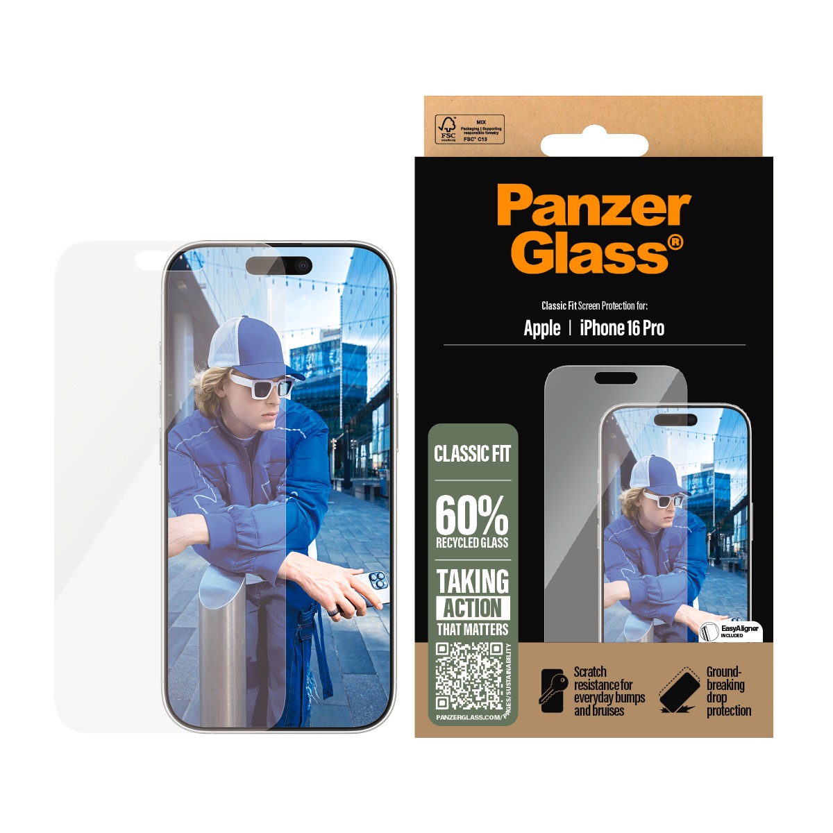 PanzerGlass Displayschutzglas »Classic Fit Screen Protection«, für Apple iPhone 16 Pro, Displayschutzfolie, Schutzfolie, Bildschirmschutz, kratz- & stoßfest