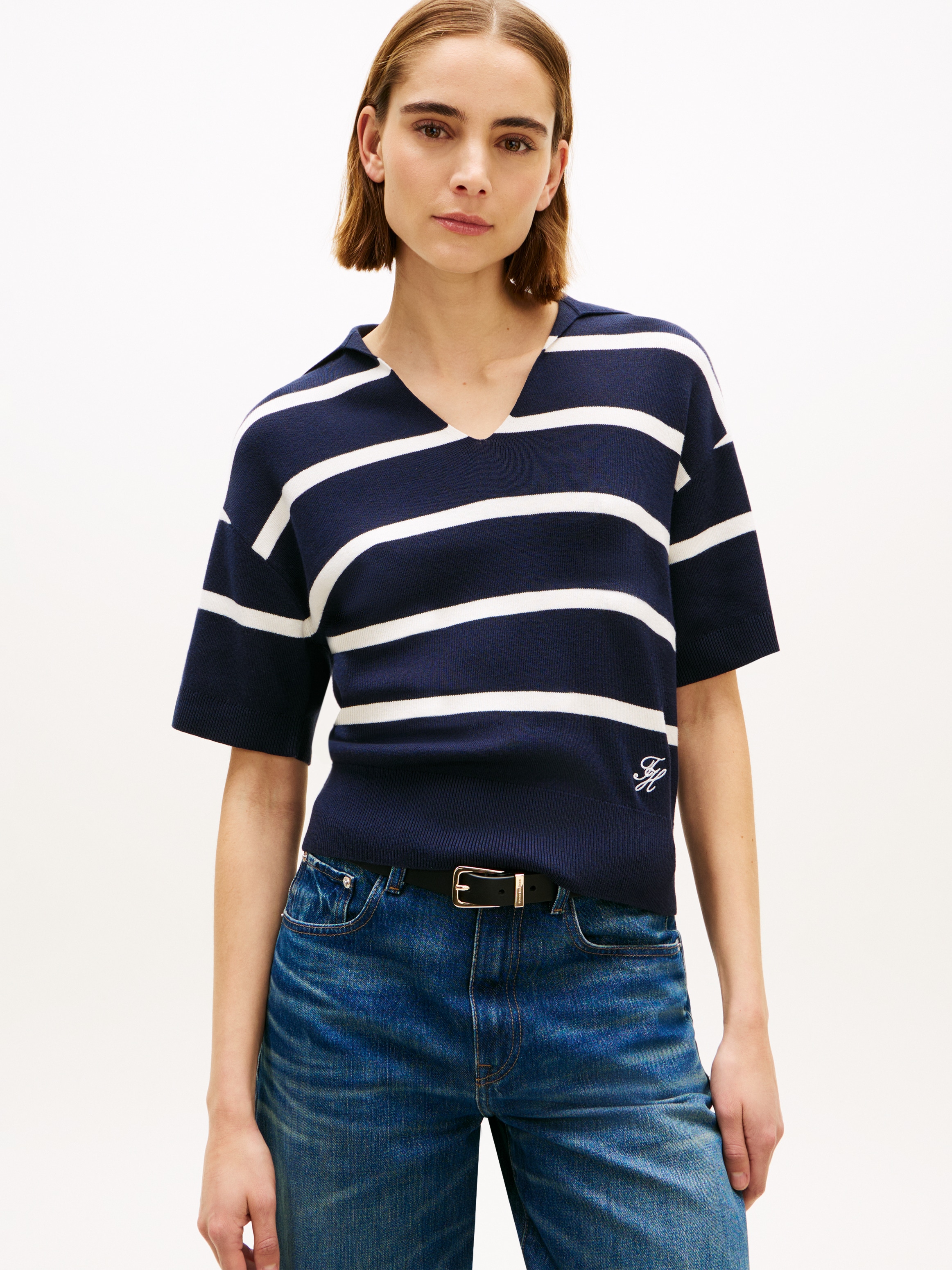 Tommy Hilfiger Strickpullover »CO FULL NEEDLE POLO SS SWT« mit V-Ausschnitt