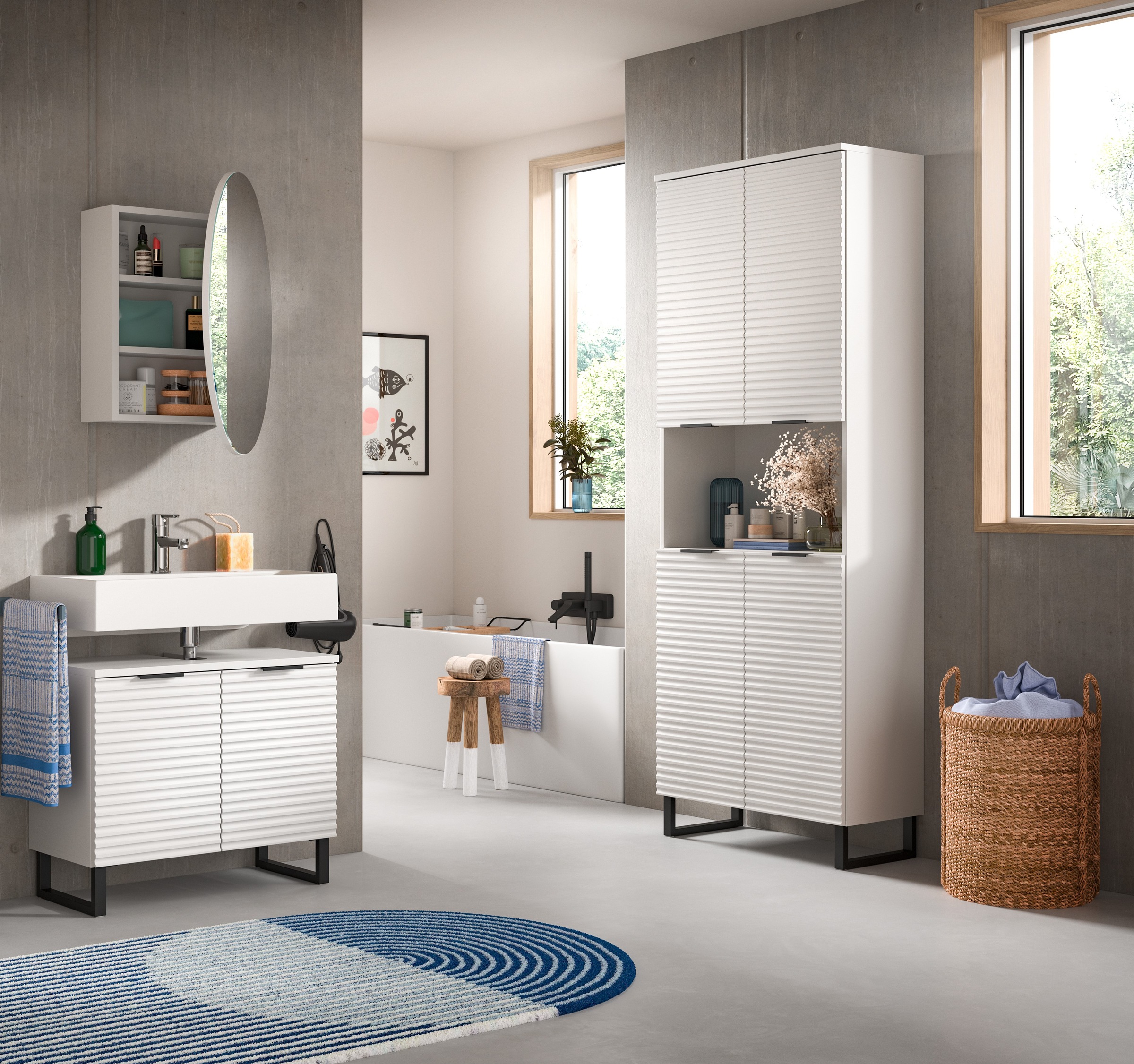 welltime Badmöbel-Set »Litica, Breite 155 cm, hochwertige Rillenfräsung, Metallkufen«, (3 St.), best. aus.: Waschbeckenunterschrank, Spiegelschrank, Hochschrank
