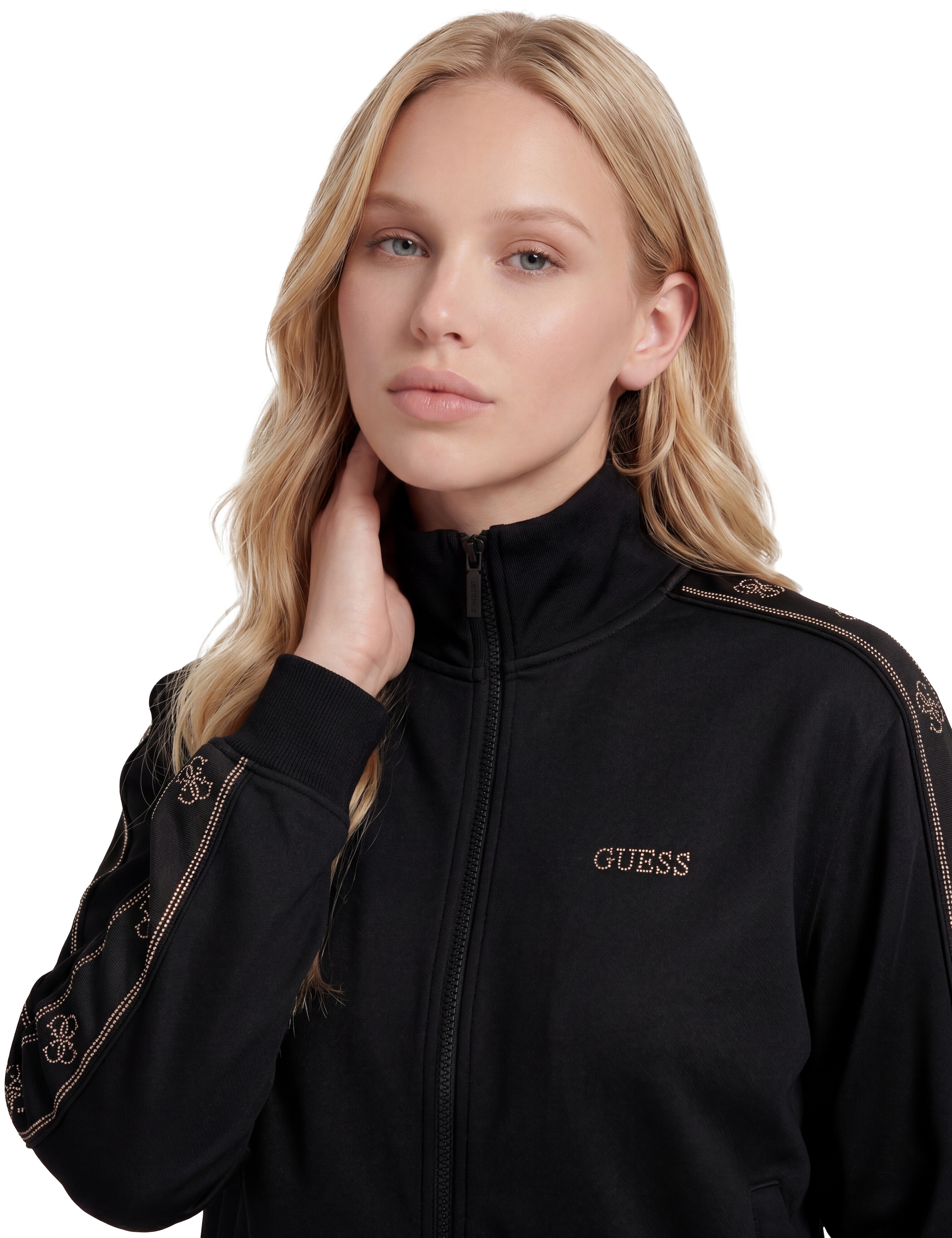 Guess Sweatjacke »OCTAVIA HIGH NECK FULL-ZIP« mit Strass-Steinen, Stehkragen