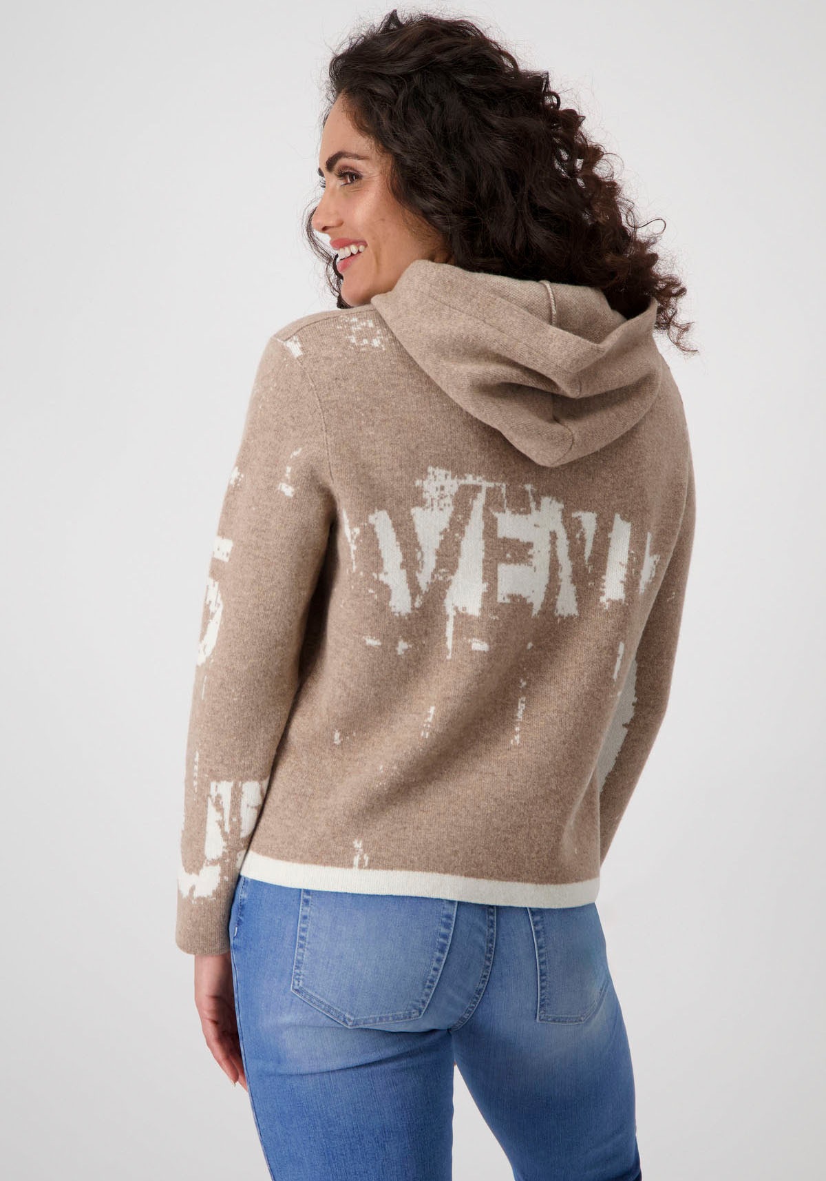 Monari Strickpullover »Pullover Jacquard Schrift«, mit Kapuze