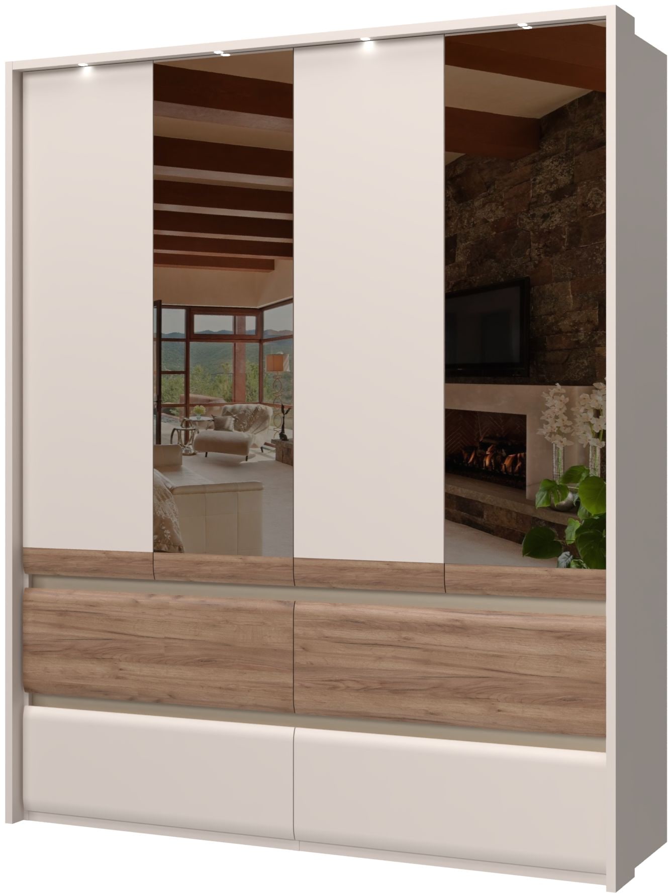 PLACES OF STYLE Kleiderschrank »Invictus, UV lackiert, FSC-zertifiziert, grifflose Optik« abgerundete Schubladen aus MDF im Holzdekor, soft-close,  mit Beleuchtung und Spiegel, in 4 Breiten, hoher Schrank (226cm)