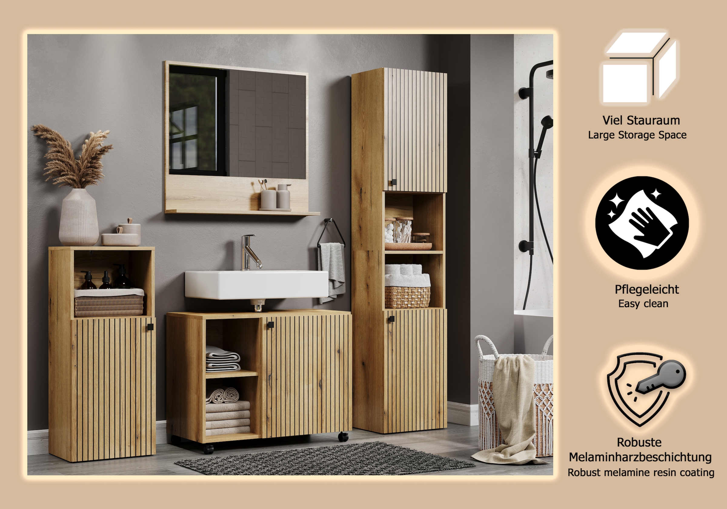 welltime Badmöbel-Set »Amrum Waschbeckenunterschrank Spiegel Hochschrank Badschrank«, (Komplett-Set, 4 St.), 4-teiliges Badmöbel-Set Eiche Rillenoptik - Maße (B/T/H) 180/42/186 cm