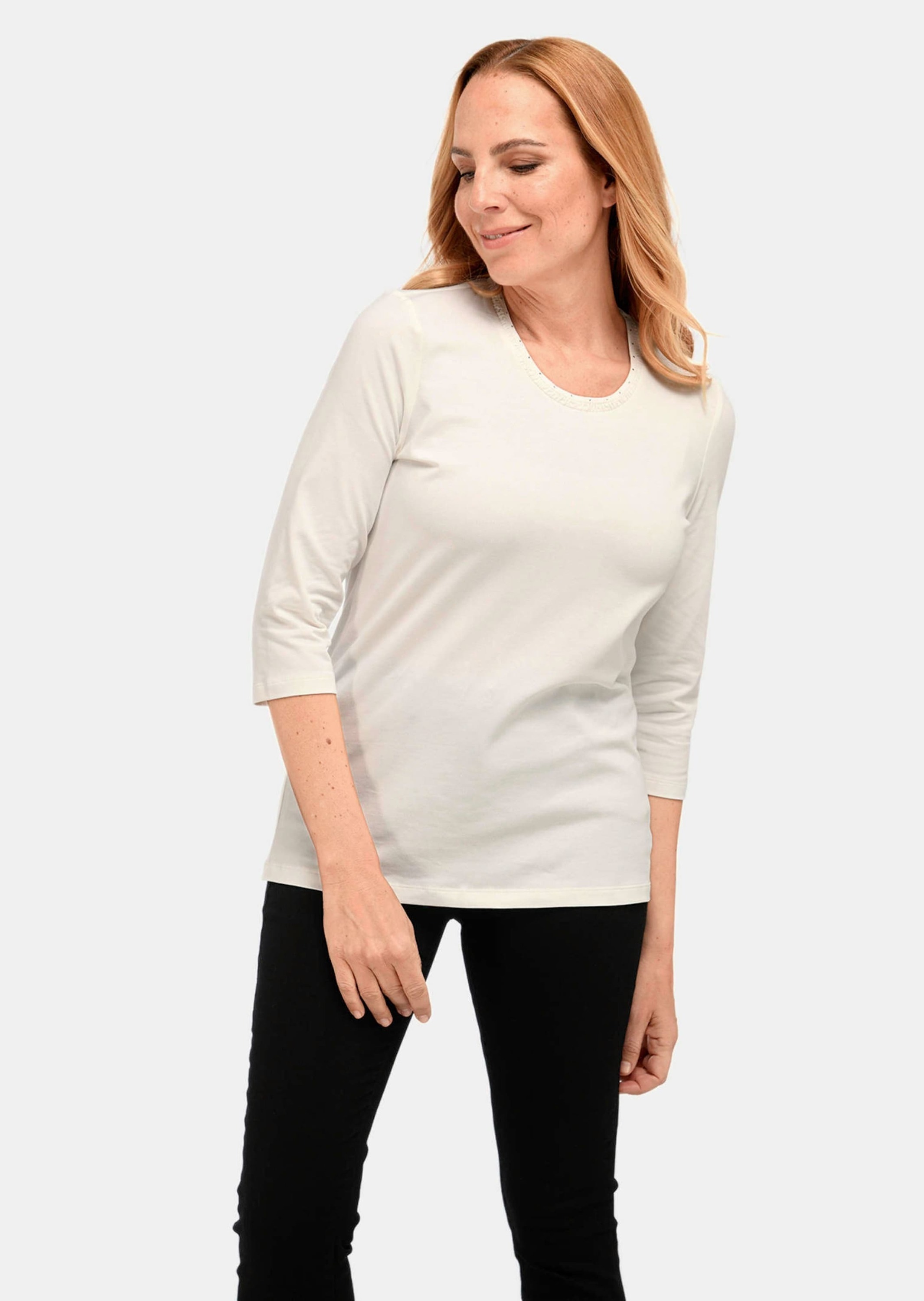 GOLDNER 3/4-Arm-Shirt »Kurzgröße Kurzgröße - Geschmücktes Rundhalsshirt aus Pima-Baumwolle«