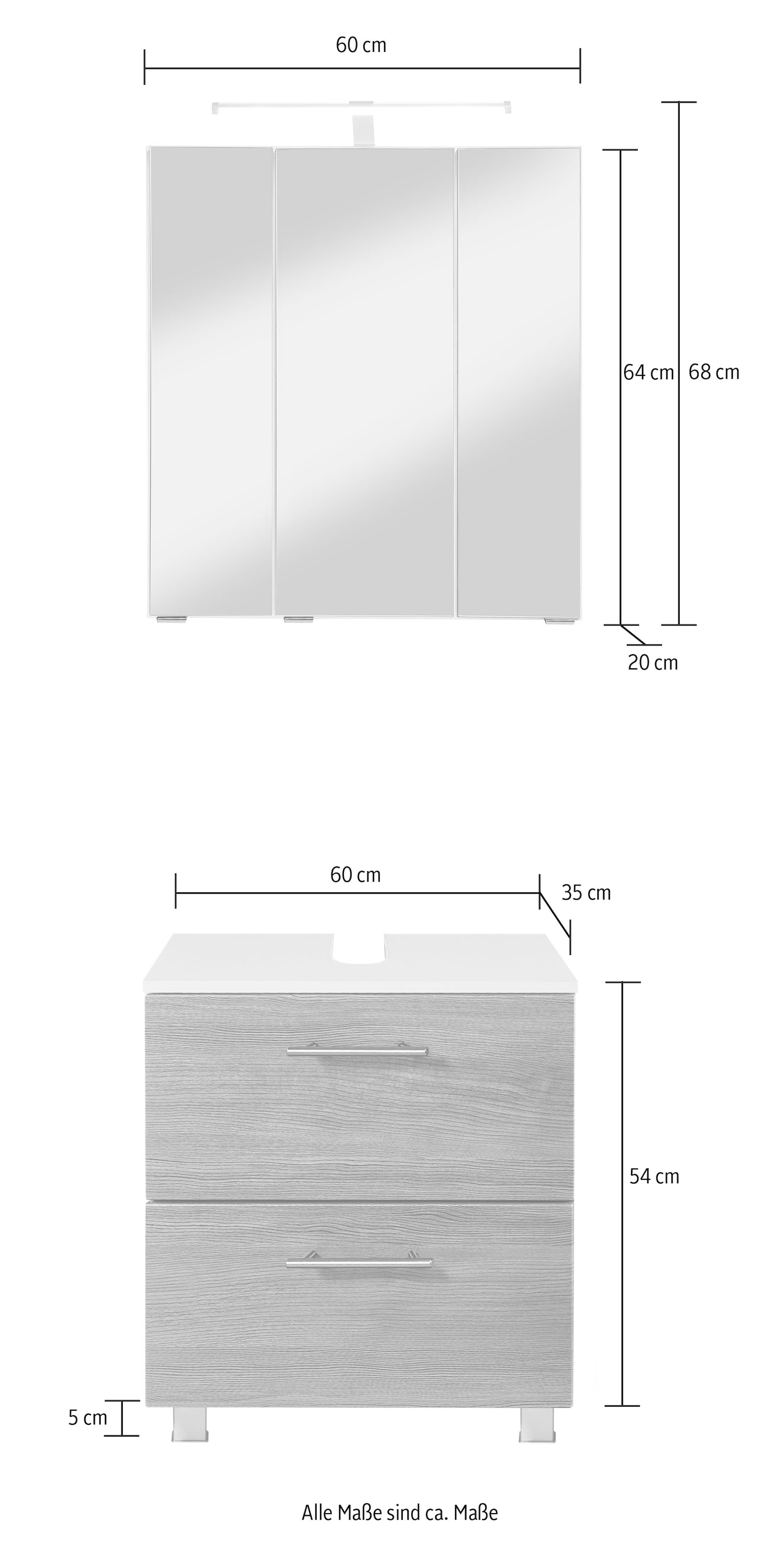 welltime Badmöbel-Set »"Trento", Badezimmer-Set, Waschbeckenunterschrank, Spiegelschrank«, (2 St.), inkl. LED Aufbauleuchtung Schalter/Steckdose, Möbel Made in Germany