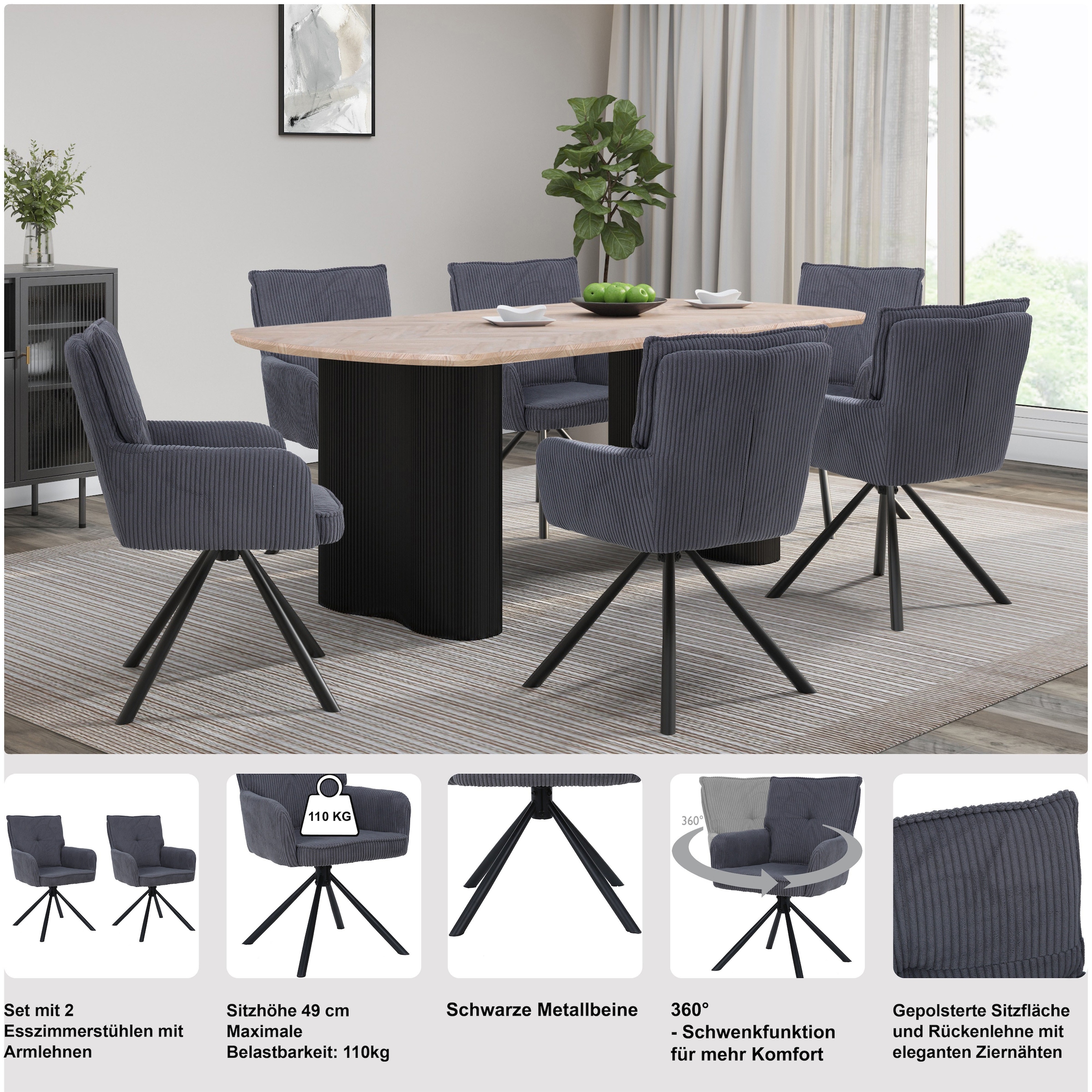 OTTO home Esszimmerstuhl »Les Choux« () 2 Stk.gepolsterte Rückenlehne, Armlehne und Sitzfläche, Sitzhöhe 48 cm