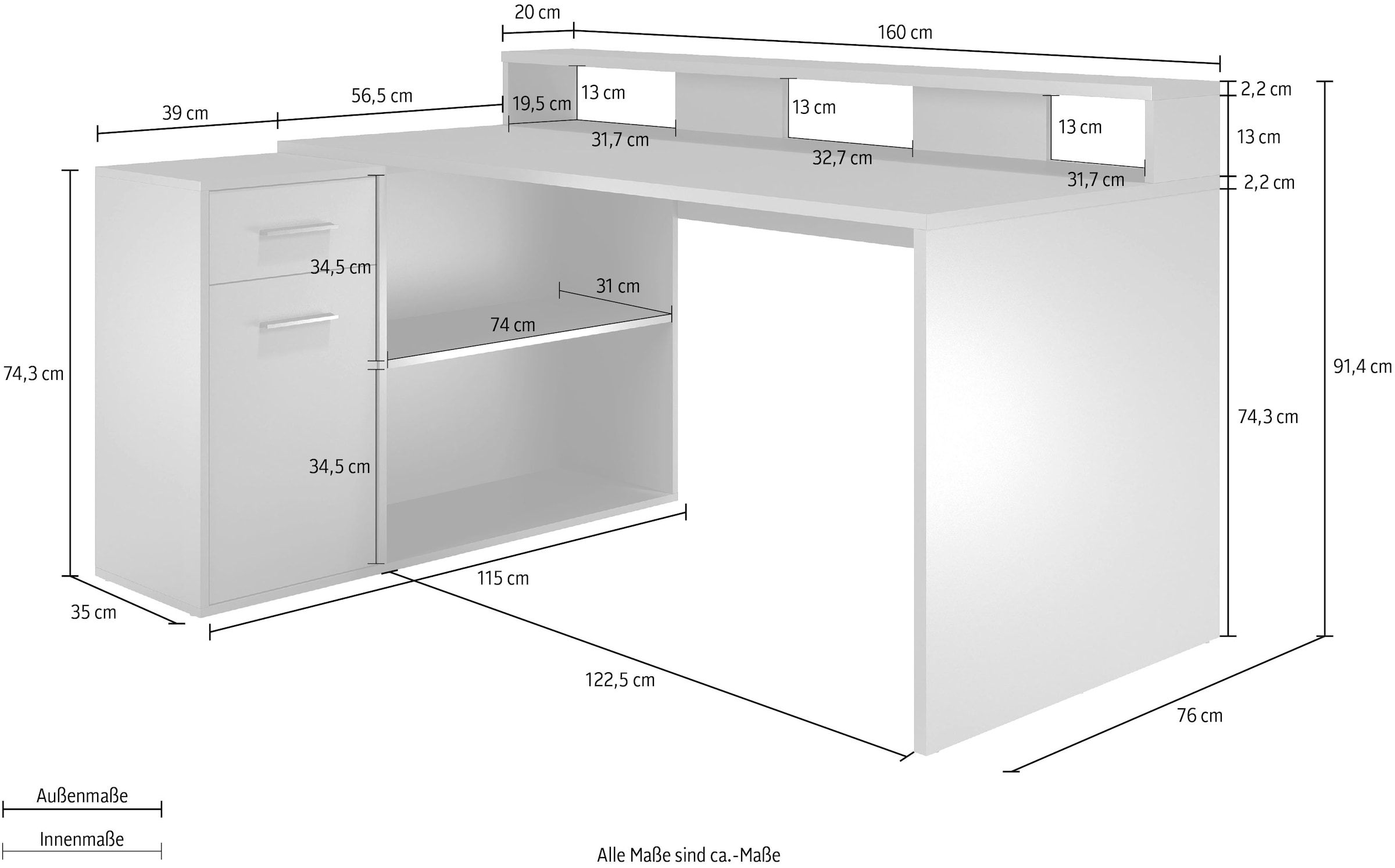 INOSIGN Schreibtisch »Chester«, (2 St.), Gamingtisch mit Lowboard - Arbeitstisch Maße (B/T/H) 160/115/92 cm