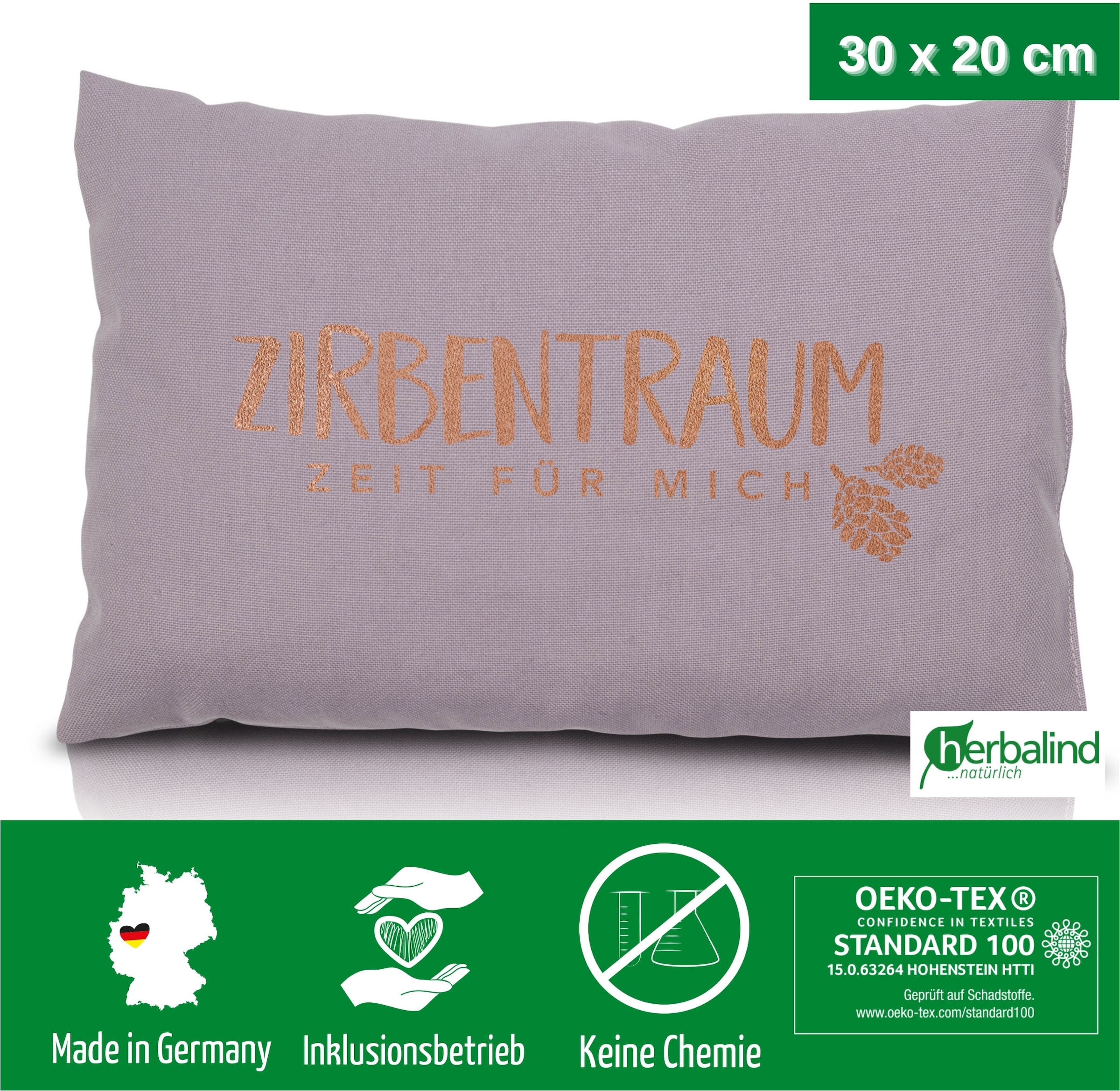 herbalind Zirbenkissen »Zirbentraum in Anthrazit/Roségold 30x20 mit Reißverschluss - Gefüllt«, (1 tlg.), mit hochwertigen Zirbenholzflocken 100% Baumwolle - Made in Germany