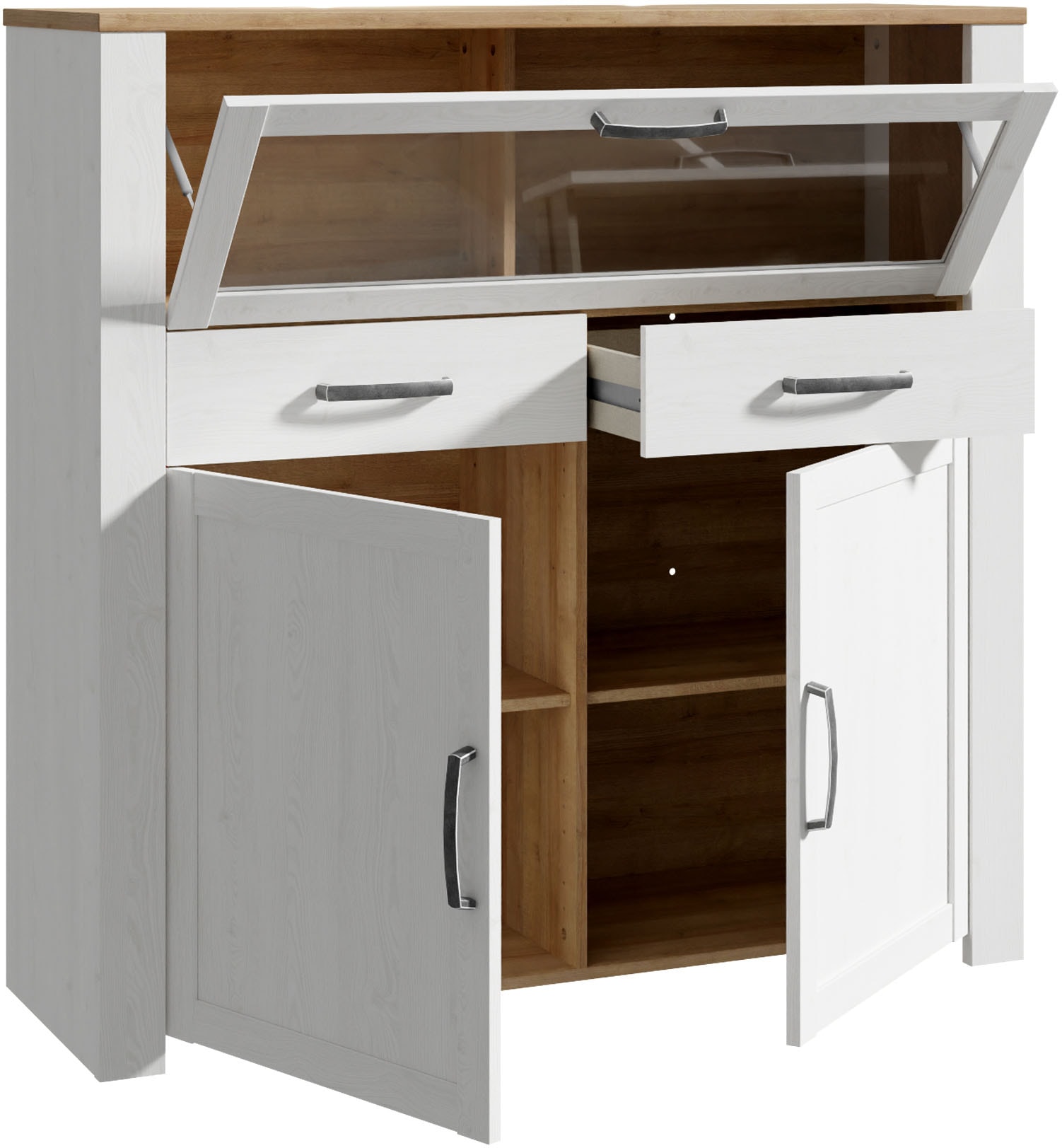 FORTE Highboard »Bohol, kleines Highboard, Klappe mit Glas, 2SK, 2Türen« B/H/T 126,4/125,4/42 cm Beleuchtung optional bestellbar