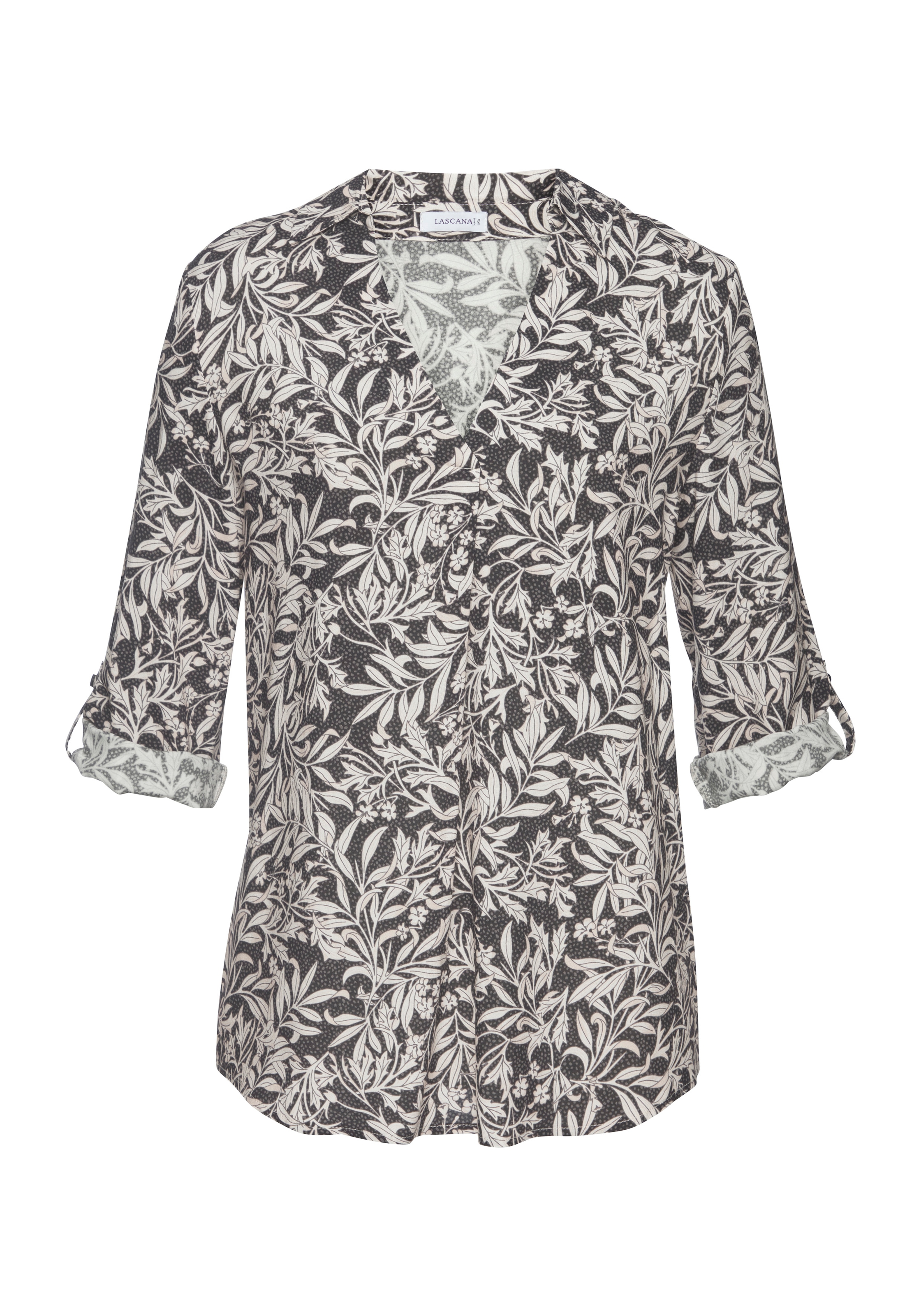LASCANA Schlupfbluse »mit Blätterdruck und tiefem V-Ausschnitt aus weich fließender Viskose« Bluse mit 3/4-Ärmeln, elegante Damenbluse, Bluse mit V-Ausschnitt