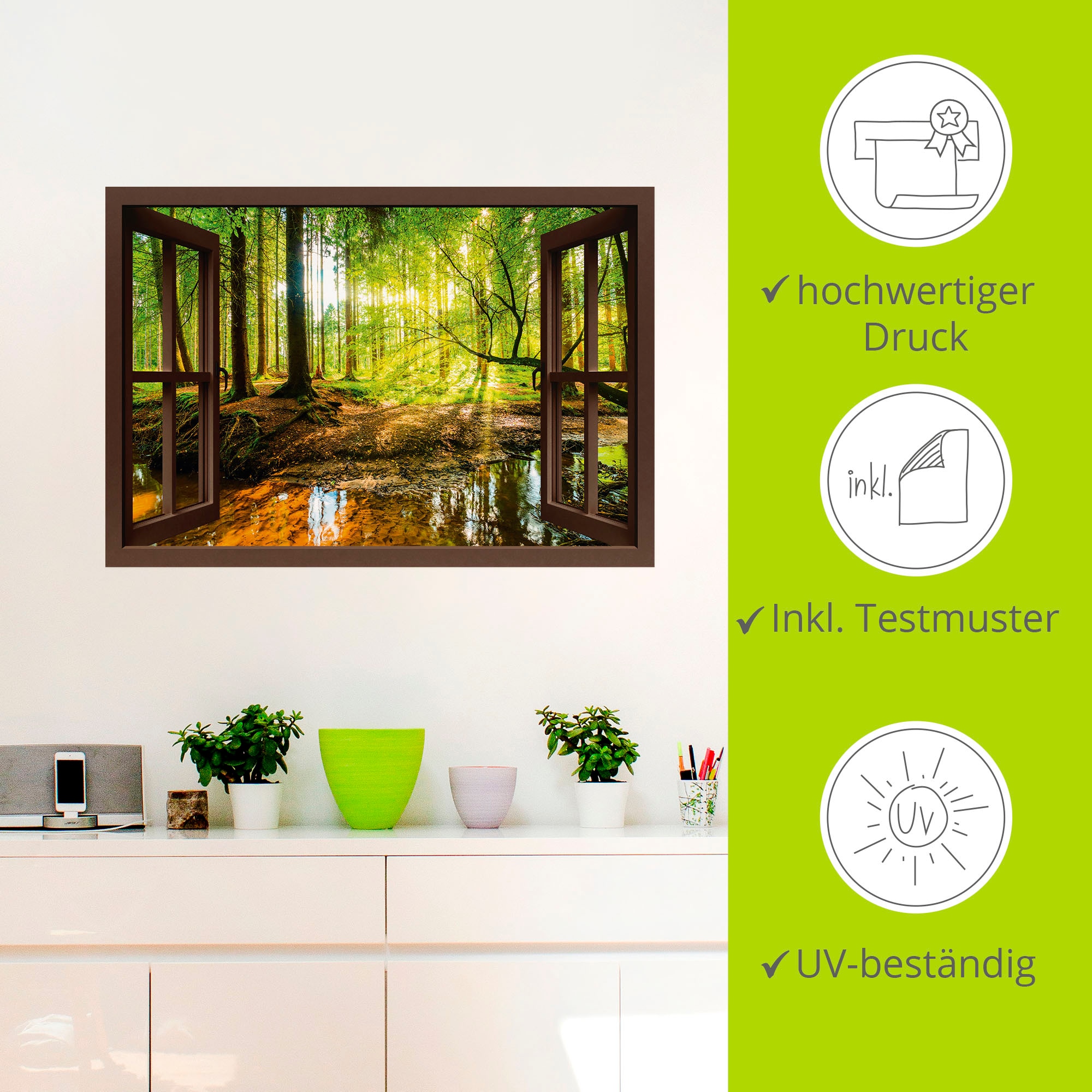 Artland Wandbild »Fensterblick - Wald mit Bach«, Wald, (1 St.), als Leinwandbild, Poster, Wandaufkleber in verschied. Größen