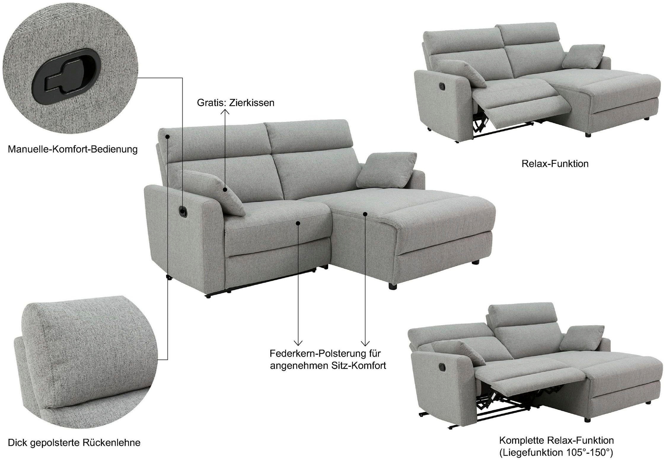 OTTO home Ecksofa »JENNA L-Form,  209cm - OTTO. Verlässliche Qualität.« manuelle o. elektrische Relaxfunktion, USB A/C, weicher Sitz, Cord.