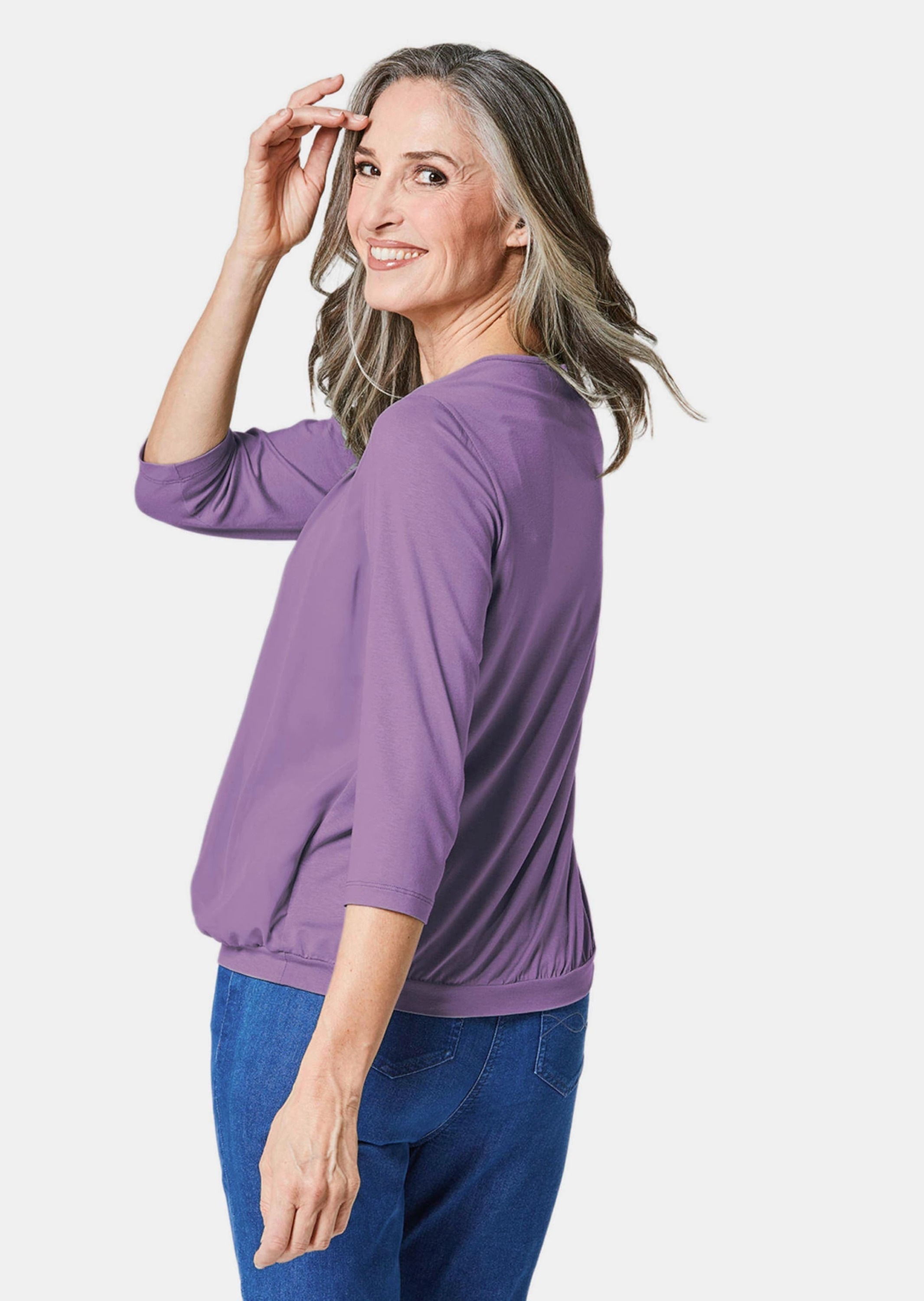 GOLDNER Kurzarmbluse »Kurzgröße Chiffon-Shirt mit 3/4-Arm, Rundhals«